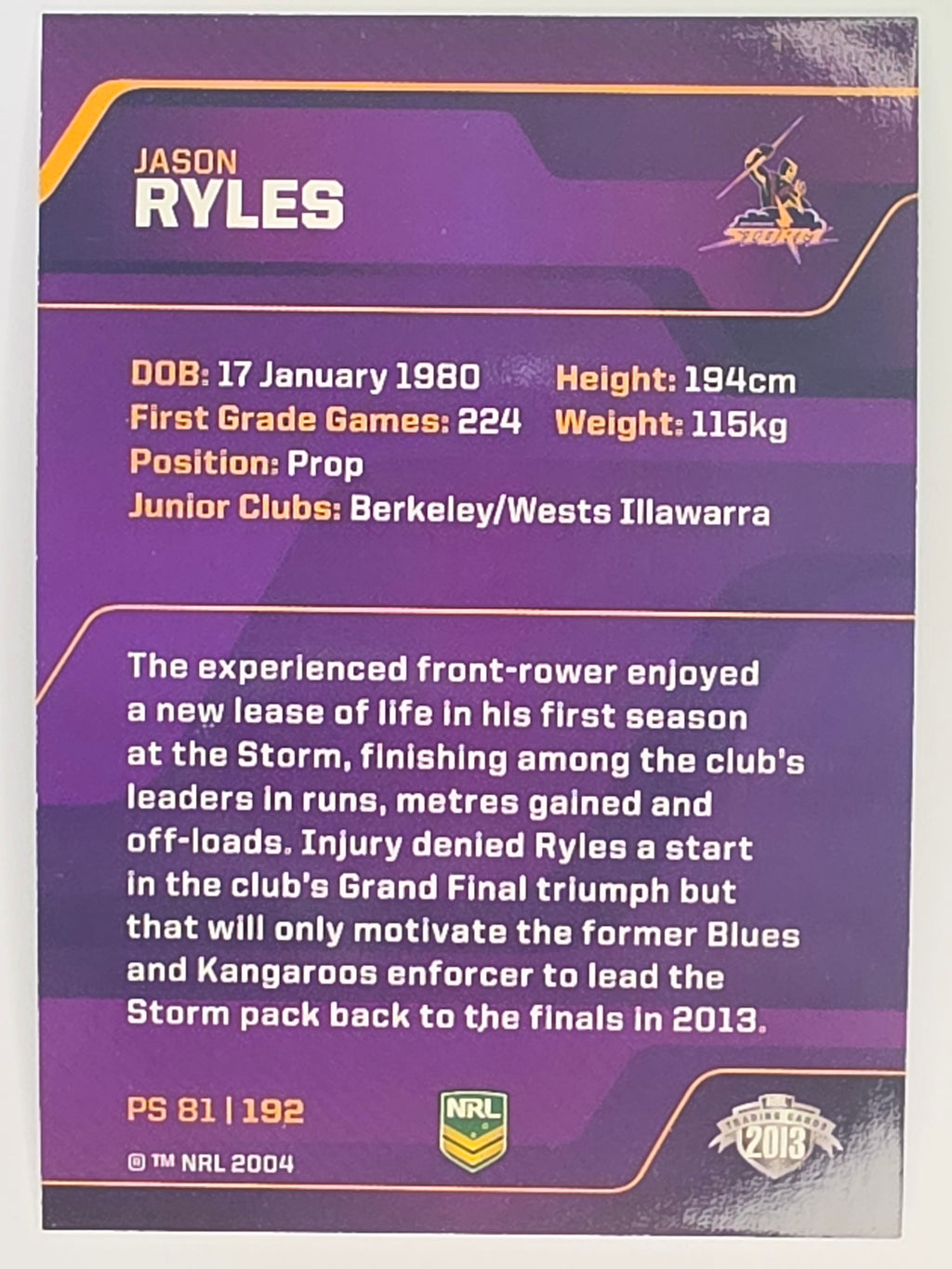 NRL 2013 Traders | Parallel #PS081 Jason Ryles Melbourne Storm