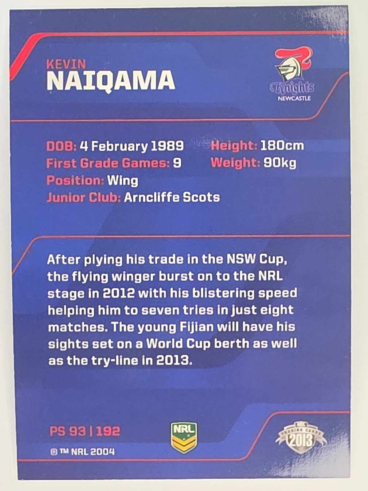 NRL 2013 Traders | Parallel #PS093 Kevin Naiqama Newcastle Knights