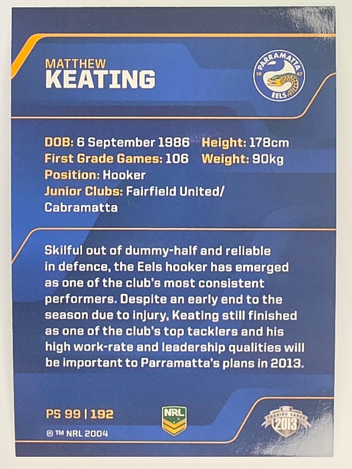 NRL 2013 Traders | Parallel #PS099 Matthew Keating Parramatta Eels