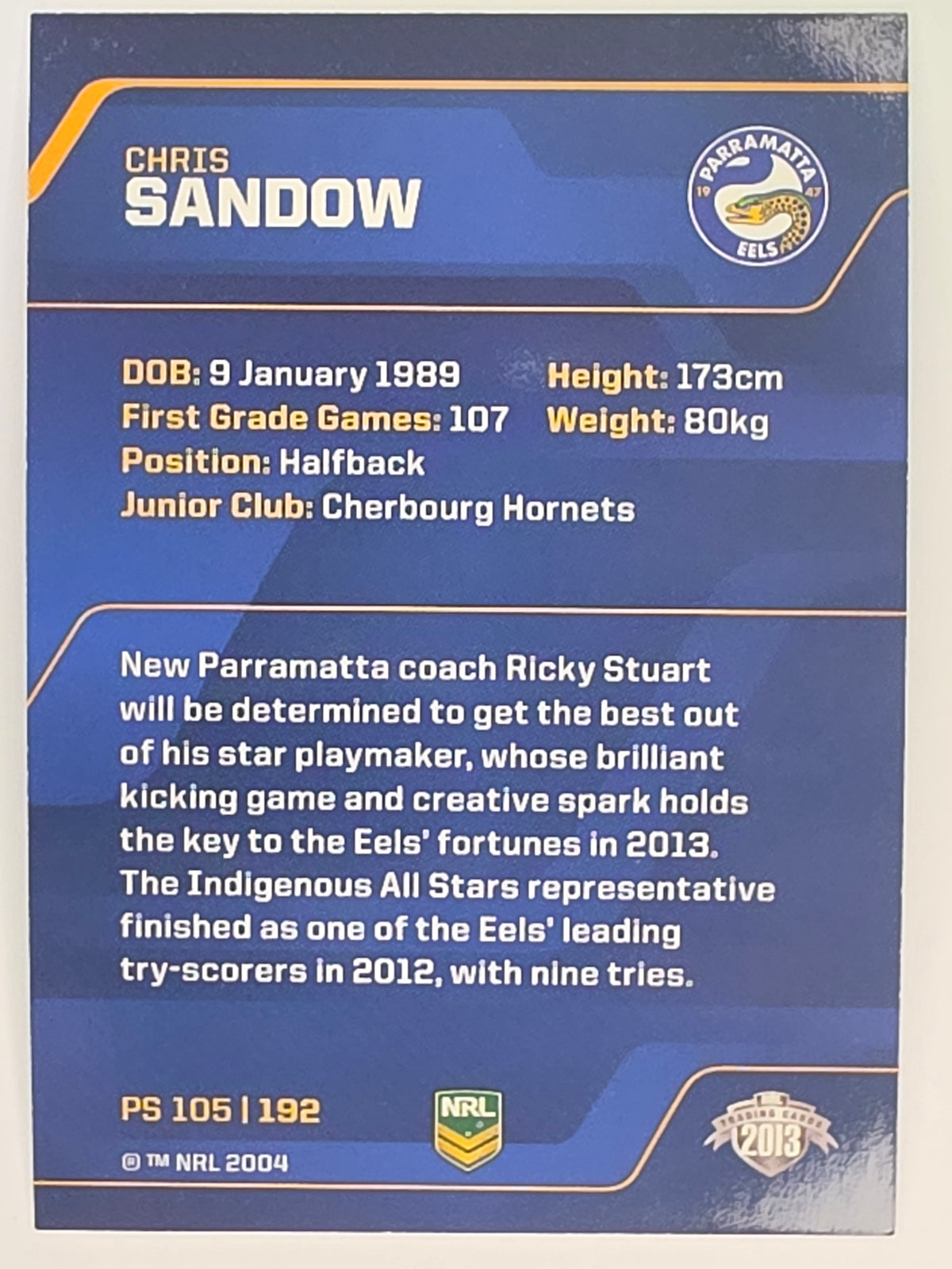 NRL 2013 Traders | Parallel #PS105 Chris Sandow Parramatta Eels
