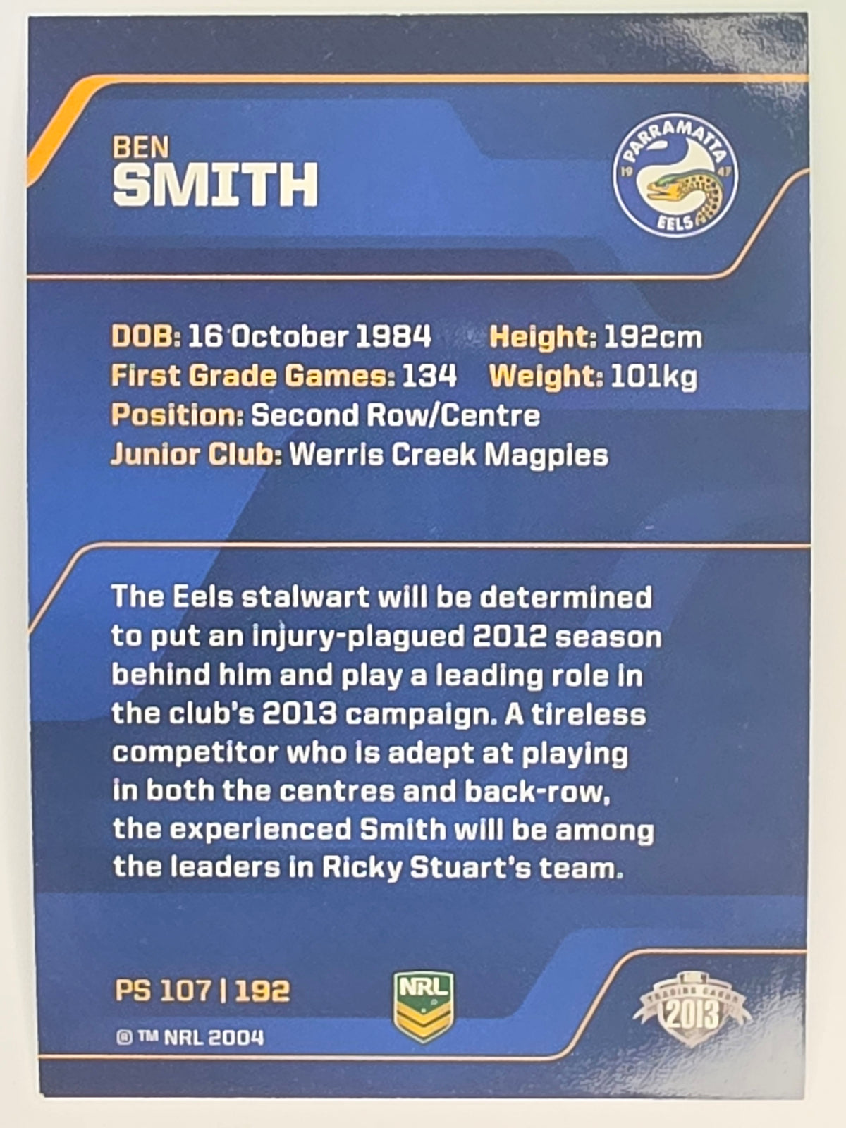 NRL 2013 Traders | Parallel #PS107 Ben Smith Parramatta Eels