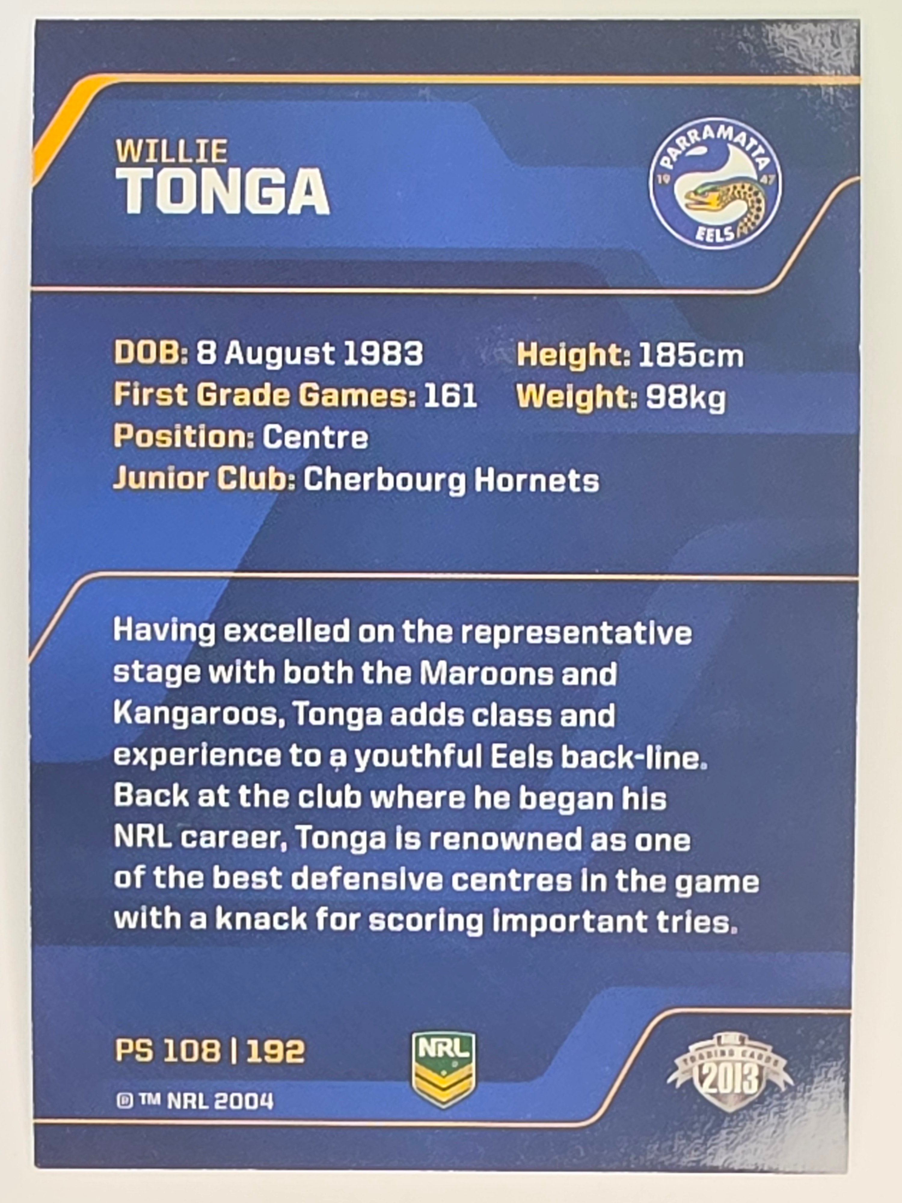 NRL 2013 Traders | Parallel #PS108 Willie Tonga Parramatta Eels