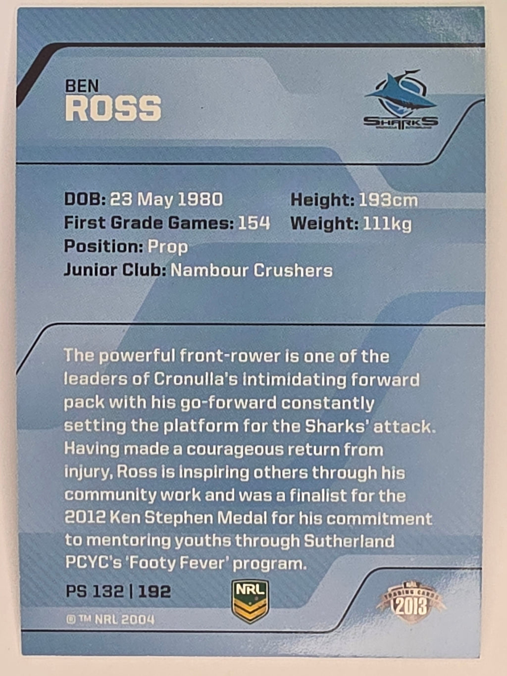 NRL 2013 Traders | Parallel #PS132 Ben Ross Cronulla Sharks