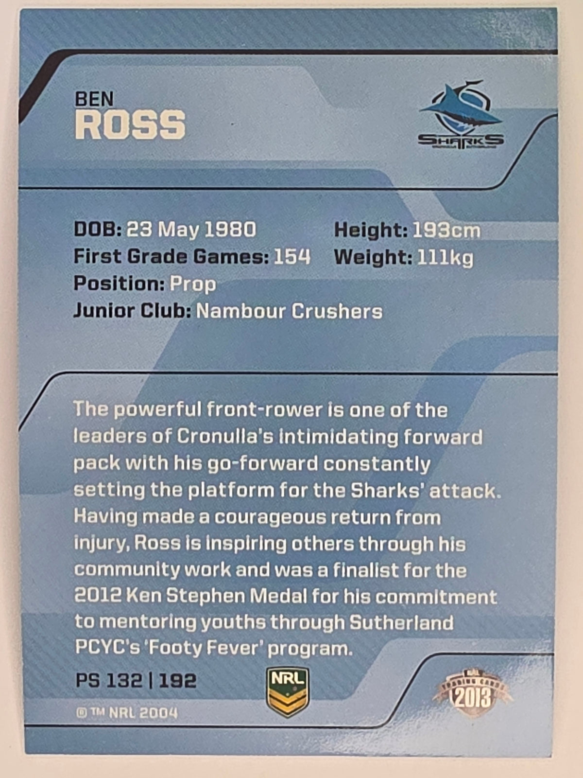 NRL 2013 Traders | Parallel #PS132 Ben Ross Cronulla Sharks