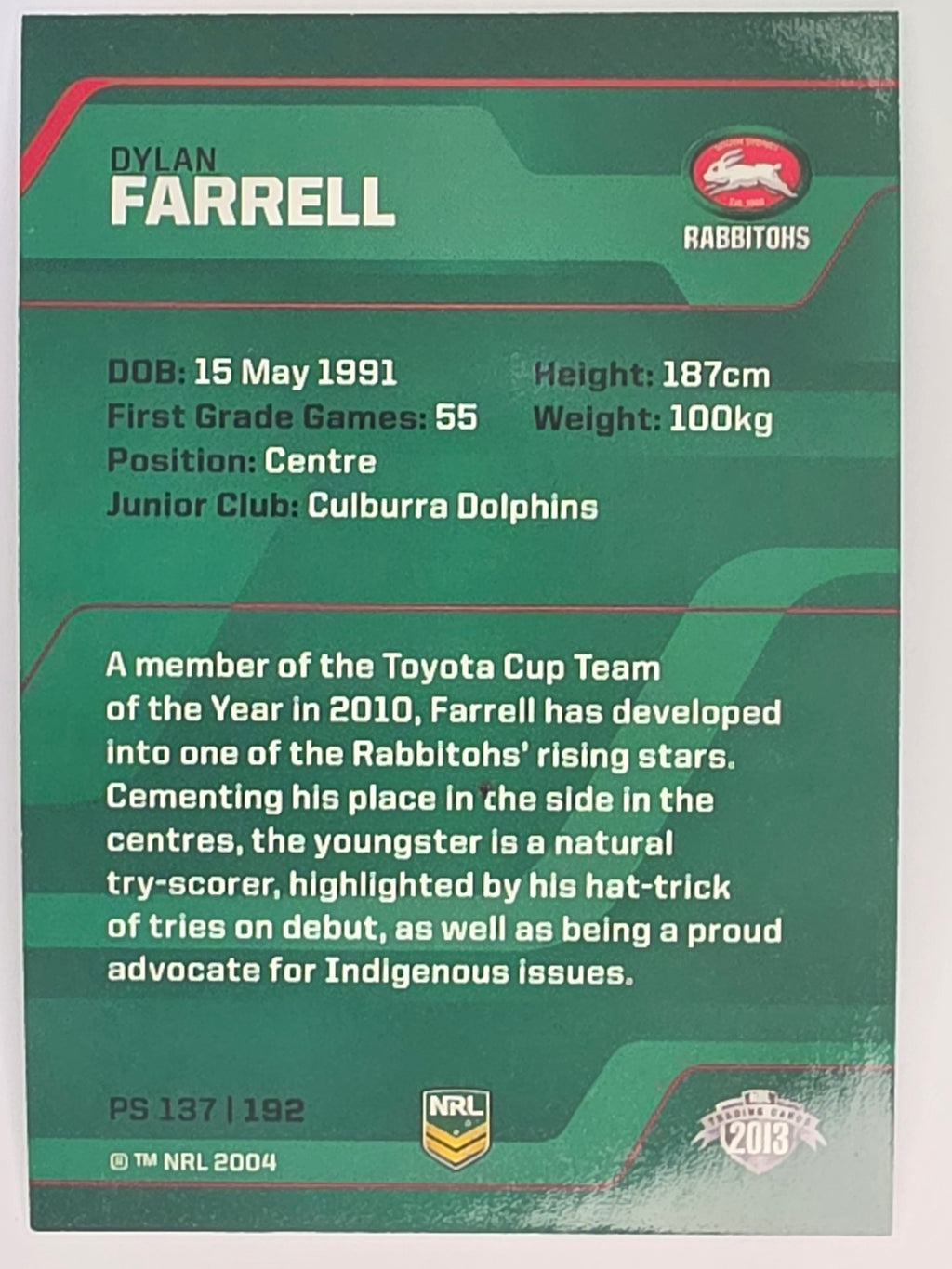 NRL 2013 Traders | Parallel #PS137 Dylan Farrell South Sydney Rabbitohs