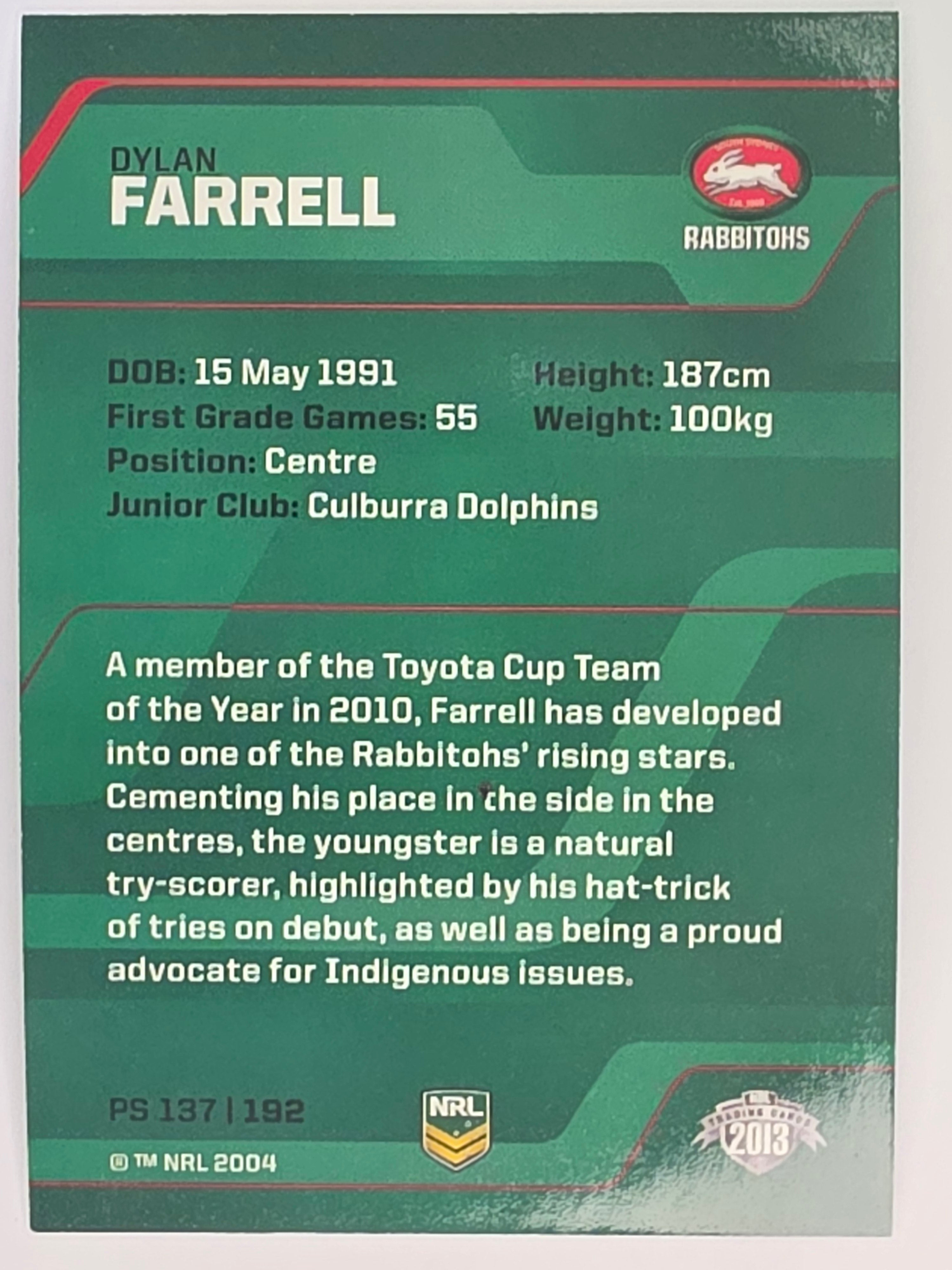 NRL 2013 Traders | Parallel #PS137 Dylan Farrell South Sydney Rabbitohs