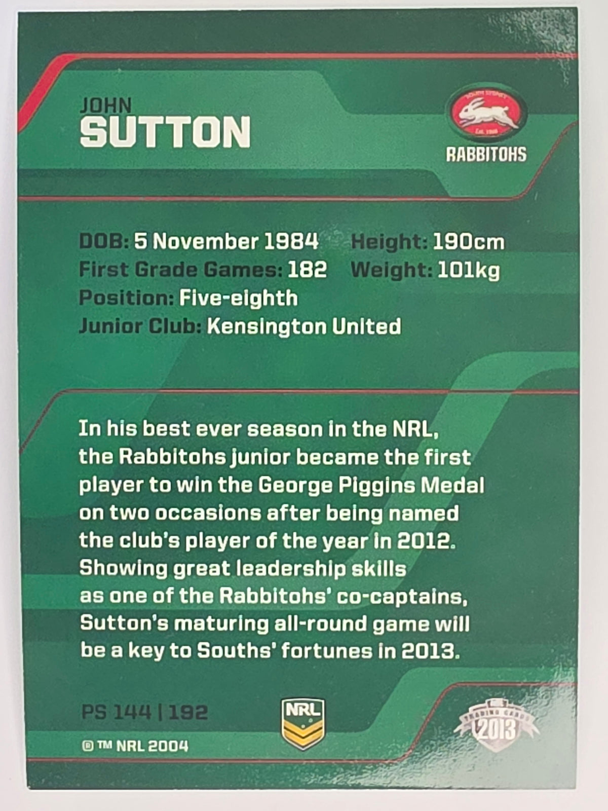 NRL 2013 Traders | Parallel #PS144 John Sutton South Sydney Rabbitohs