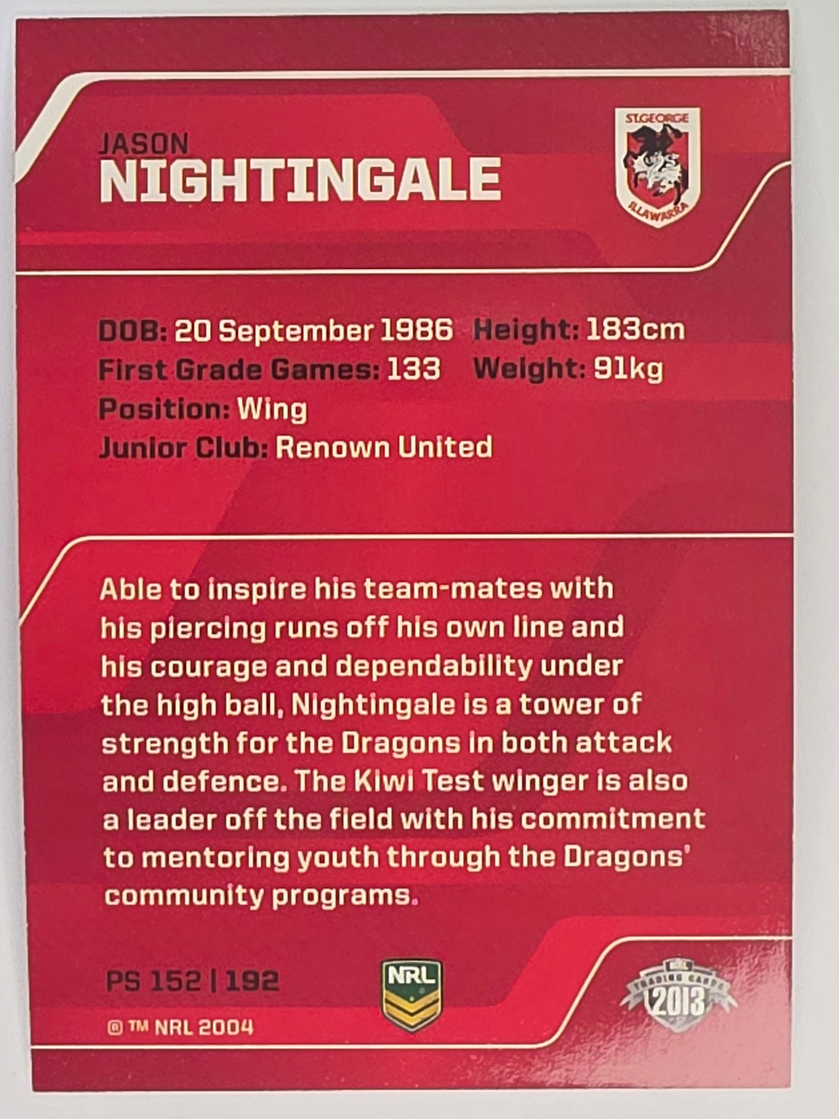 NRL 2013 Traders | Parallel #PS152 Jason Nightingale St George Dragons