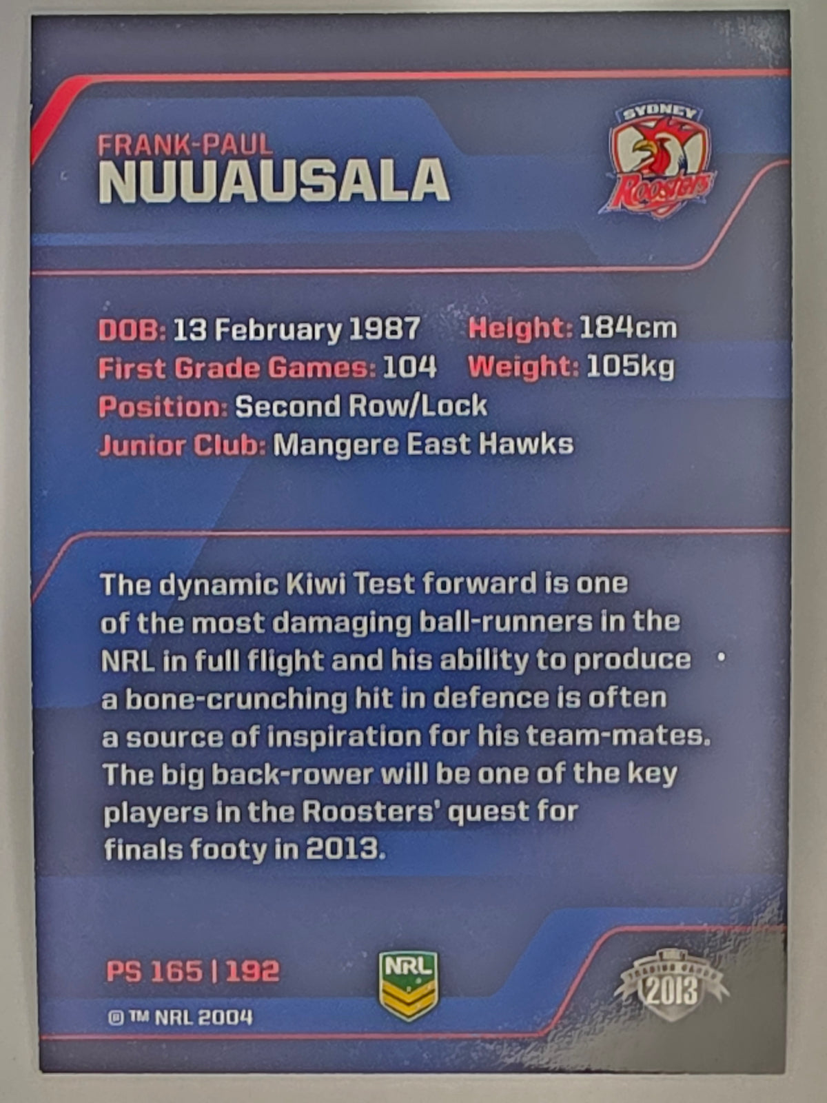 NRL 2013 Traders | Parallel #PS165 Frank Paul Nuuausala Sydney Roosters