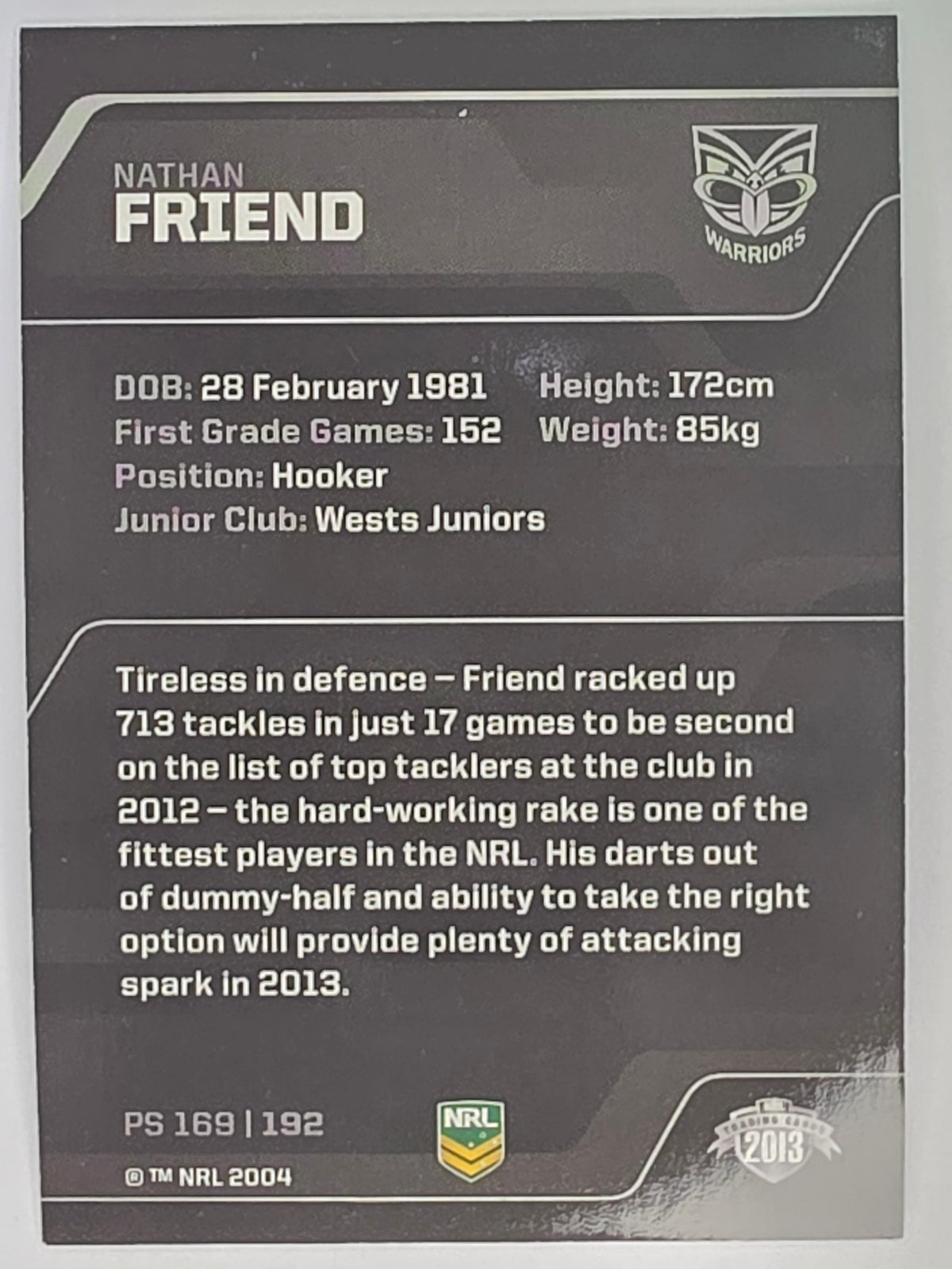 NRL 2013 Traders | Parallel #PS169 Nathan Friend New Zealand Warriors