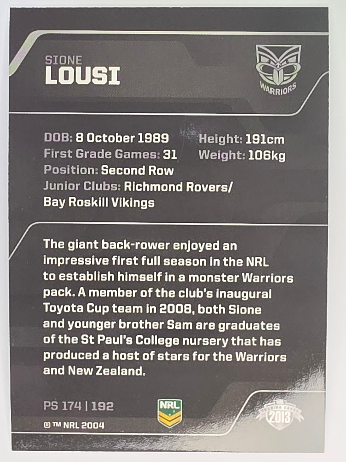 NRL 2013 Traders | Parallel #PS174 Sione Lousi New Zealand Warriors