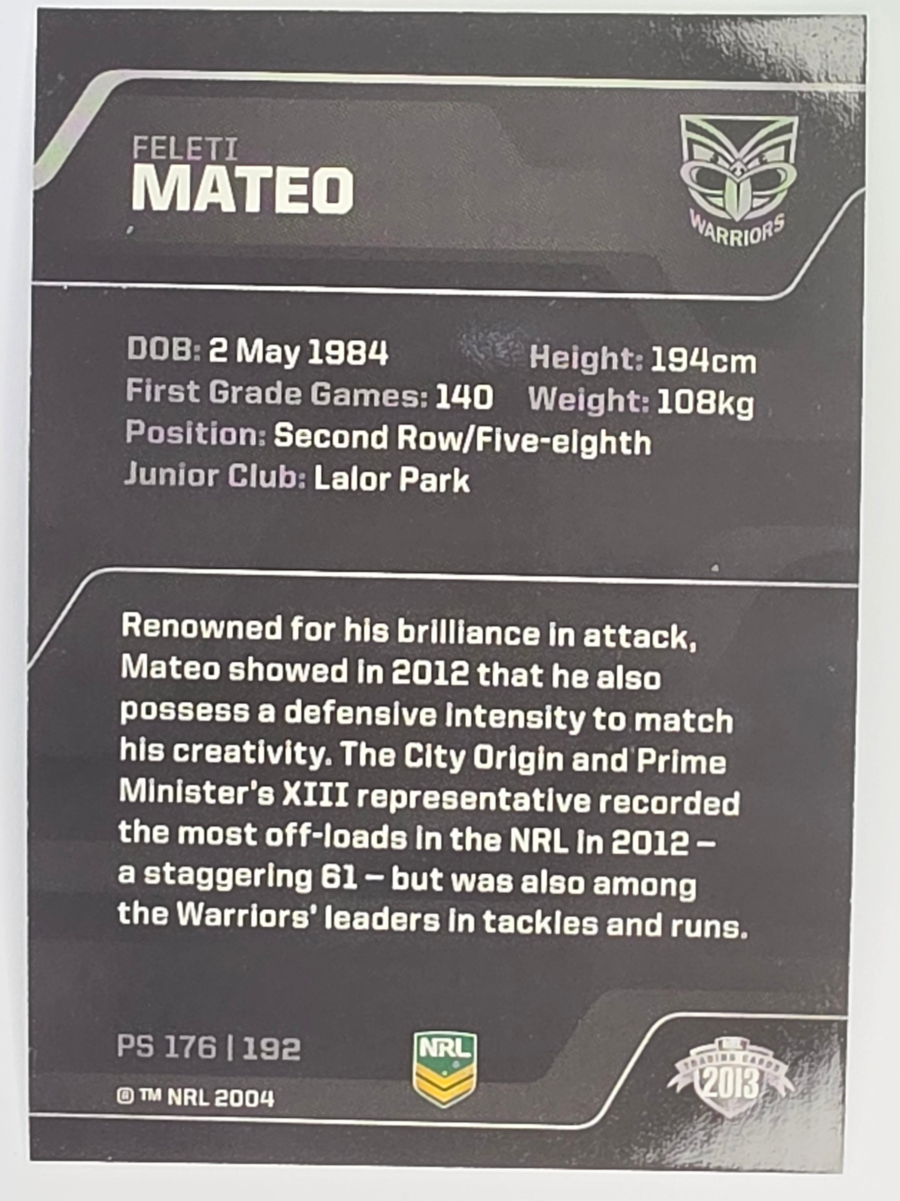NRL 2013 Traders | Parallel #PS176 Feleti Mateo New Zealand Warriors
