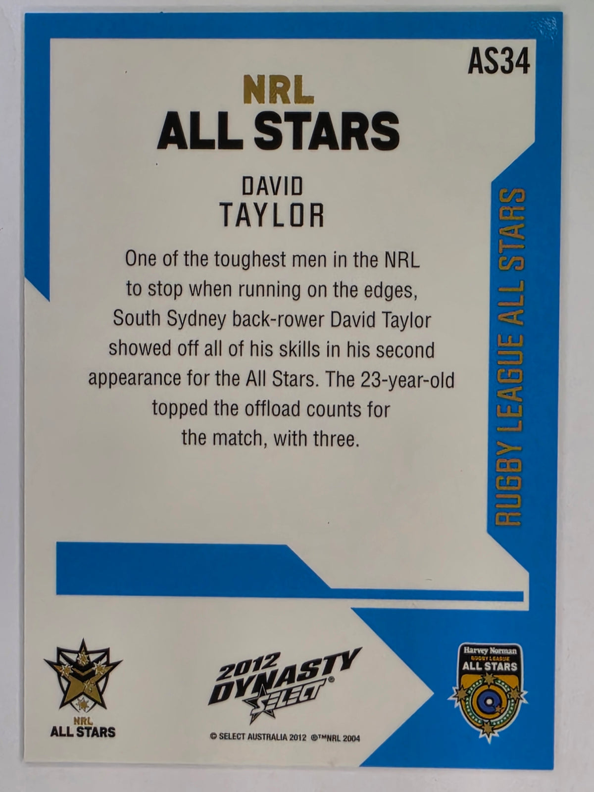 NRL 2012 Dynasty All Stars #AS34 David Taylor NRL All Stars