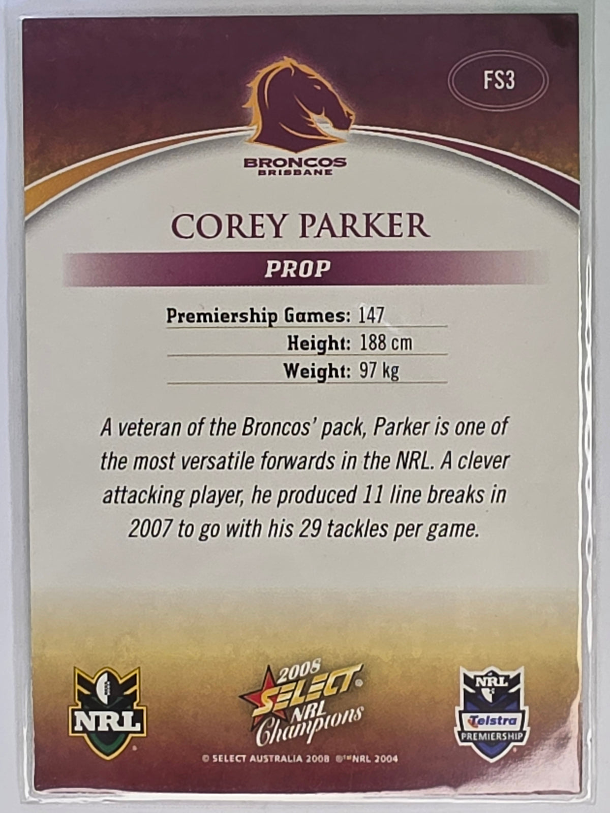 NRL 2008 Champions Gold Foil Signature #FS3 Corey Parker Brisbane Broncos