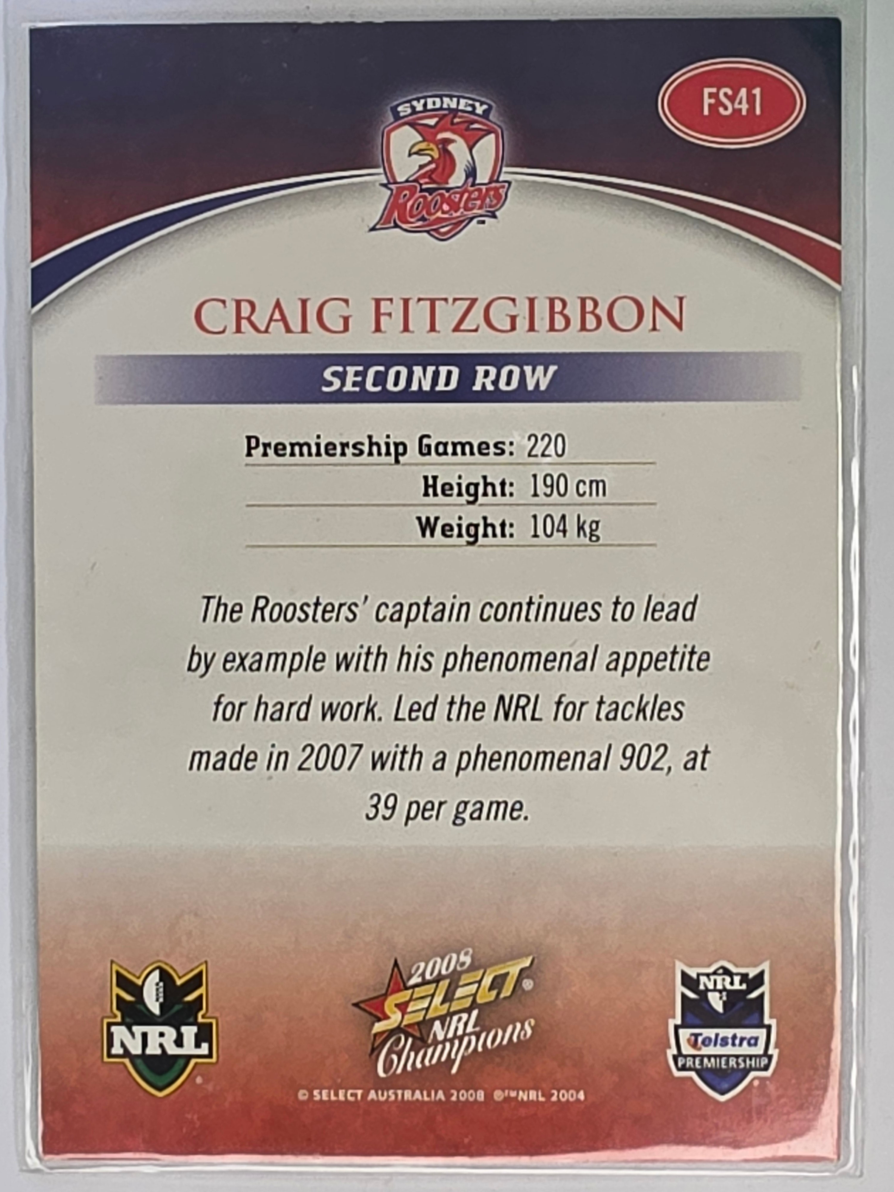 NRL 2008 Champions Gold Foil Signature #FS41 Craig Fitzgibbon Sydney Roosters