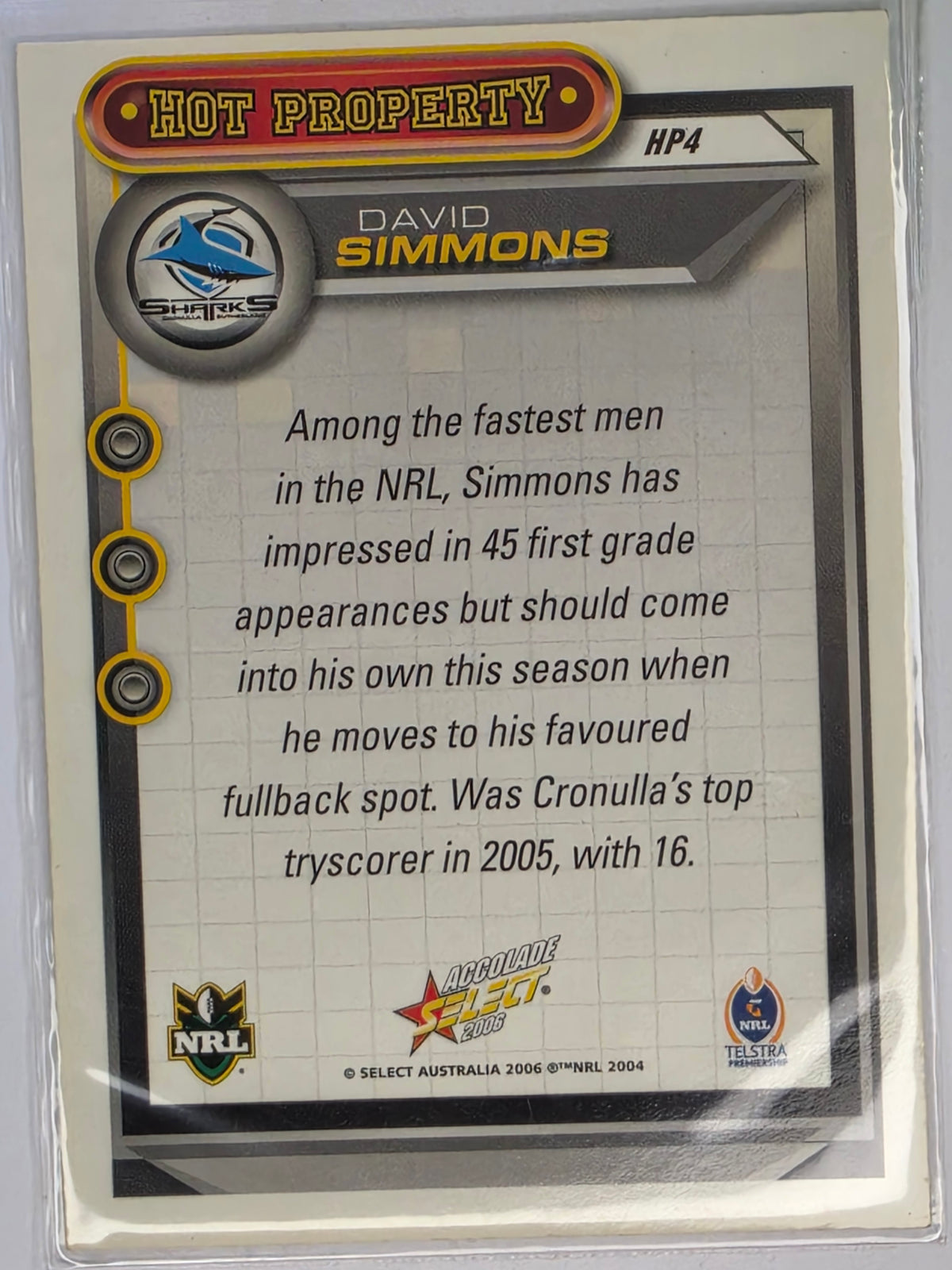 NRL 2006 Accolade Hot Property #HP4 David Simmons Cronulla Sharks