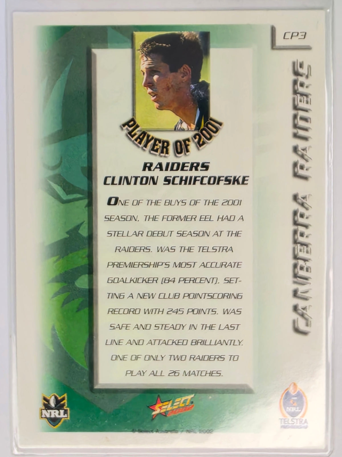 NRL 2002 Challenge Club Player of the Year #CP3 Clinton Schifcofske Canberra Raiders