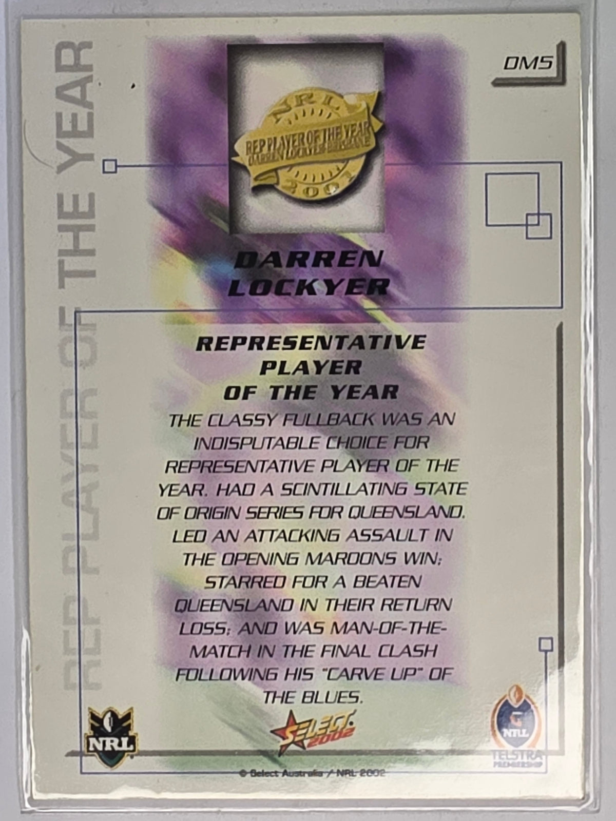 NRL 2002 Challenge Dally M Award Winner #DM5 Darren Lockyer Brisbane Broncos