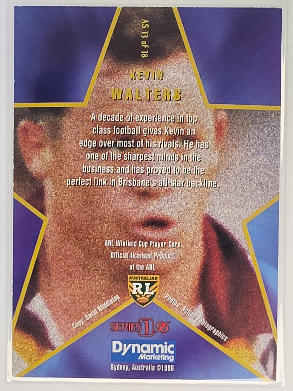 NRL 1996 Dynamic Series 1 All Star Team #AS13 Kevin Walters Brisbane Broncos
