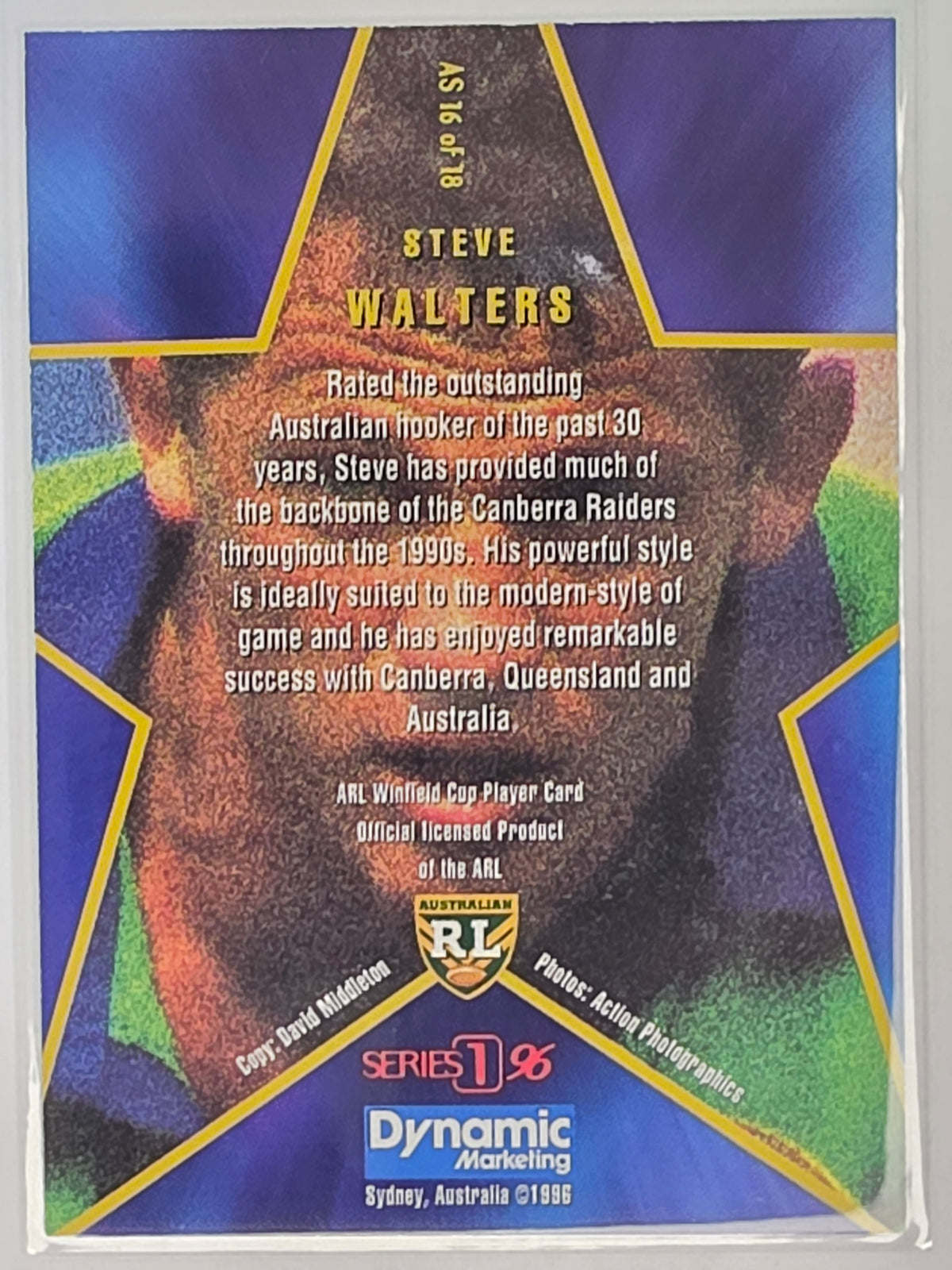 NRL 1996 Dynamic Series 1 All Star Team #AS16 Steve Walters Canberra Raiders