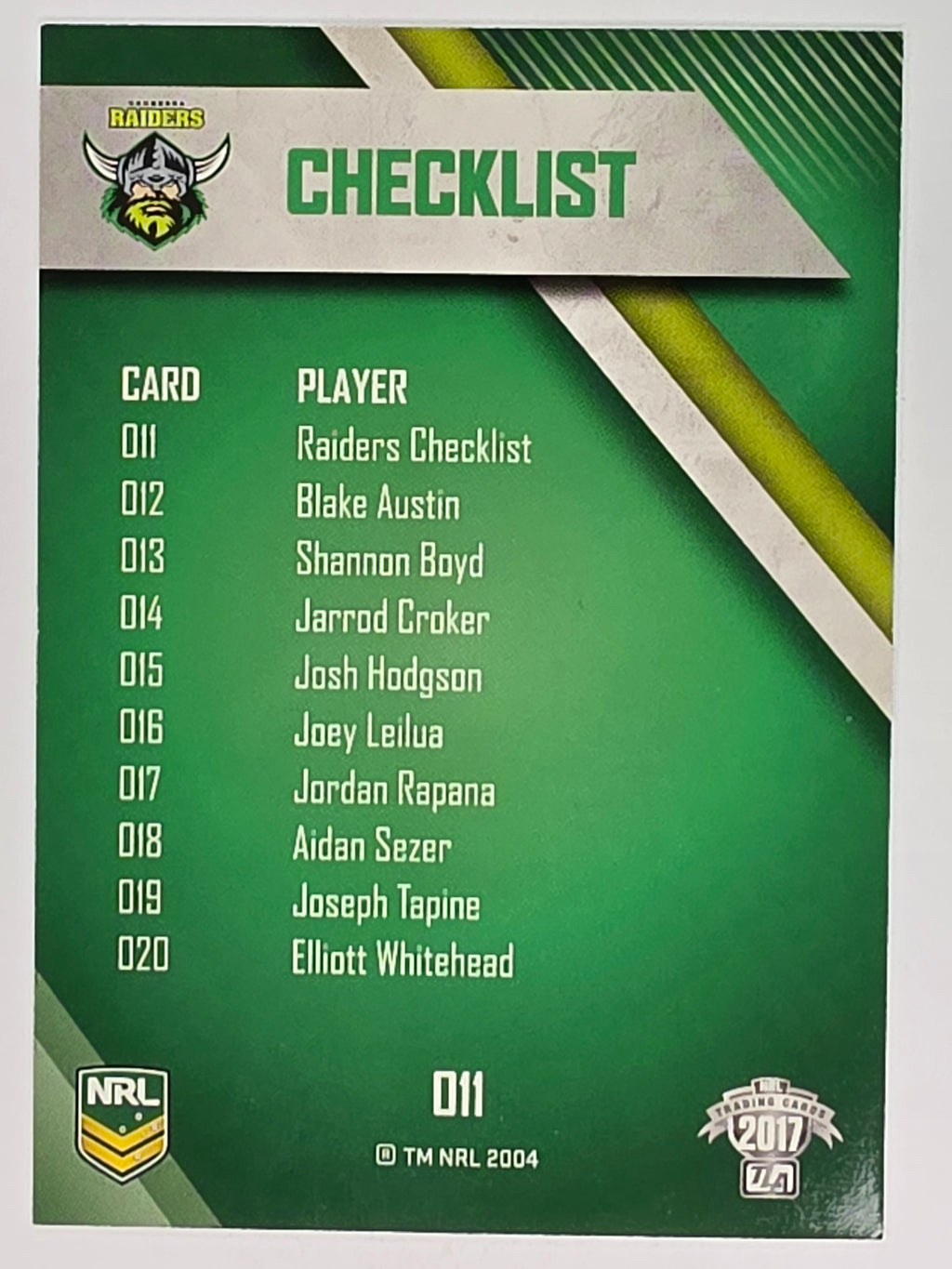 NRL 2017 Traders | Base Card #011 | Raiders Checklist | Canberra Raiders