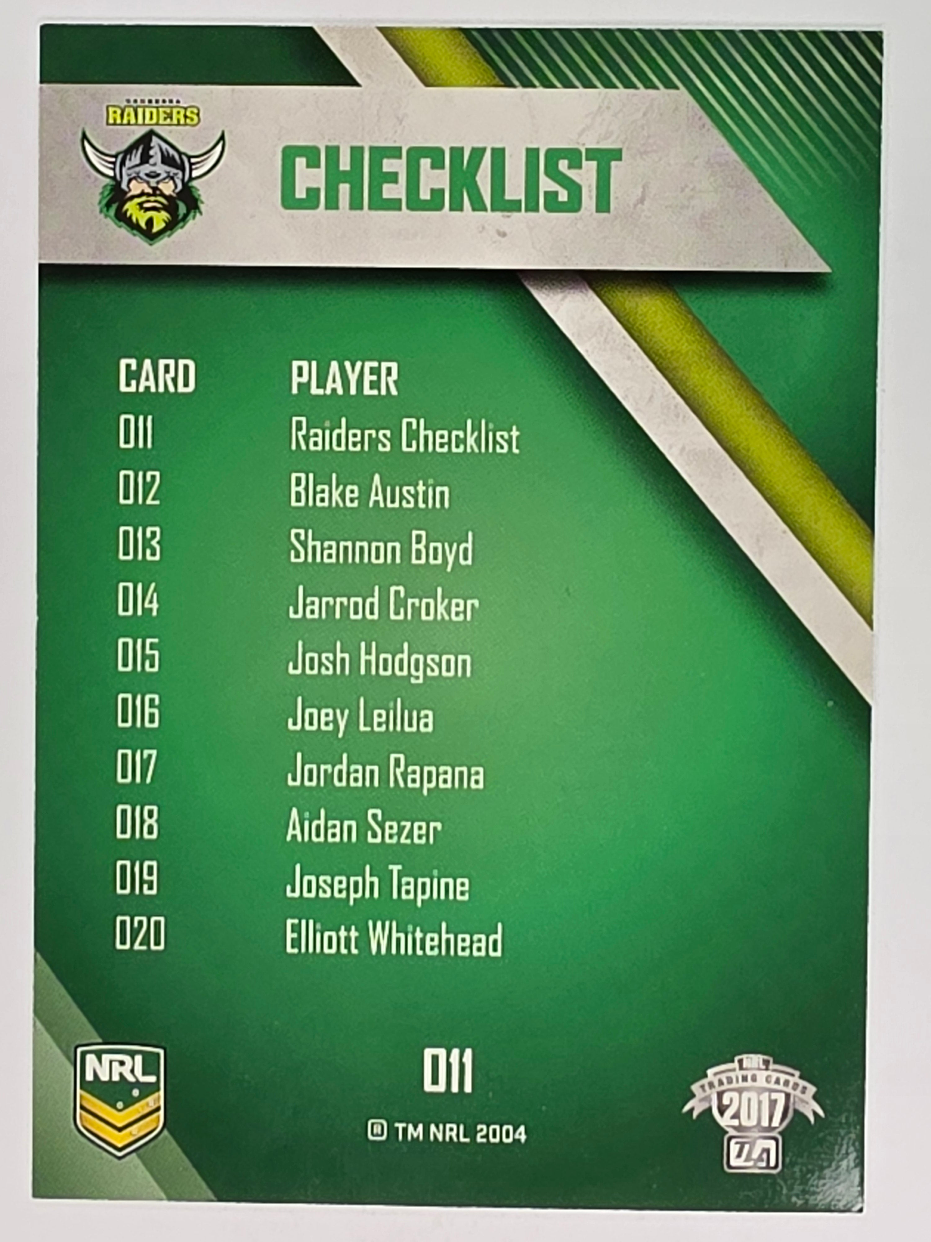 NRL 2017 Traders | Base Card #011 | Raiders Checklist | Canberra Raiders