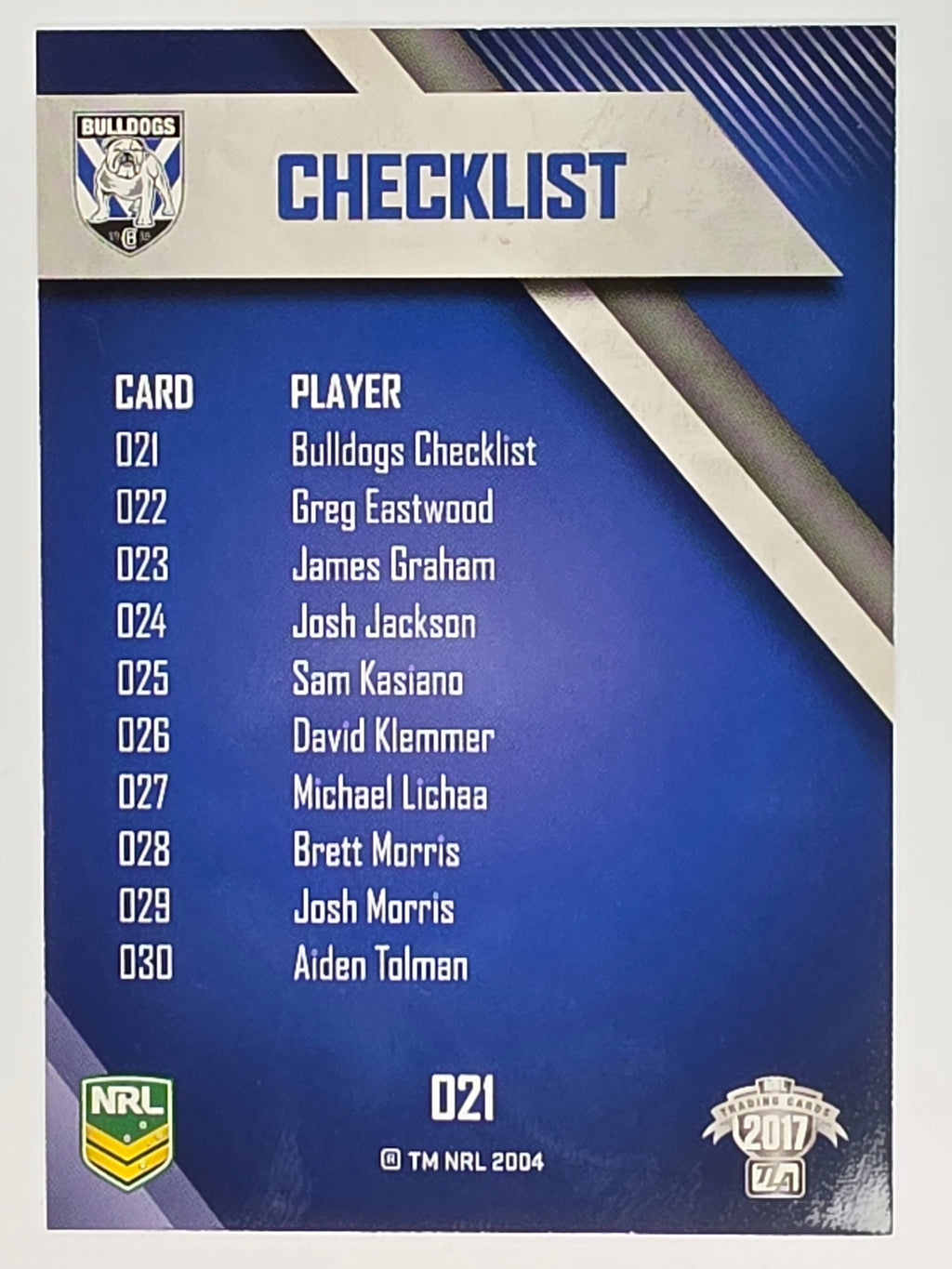 NRL 2017 Traders | Base Card #021 | Bulldogs Checklist | Canterbury-Bankstown Bulldogs