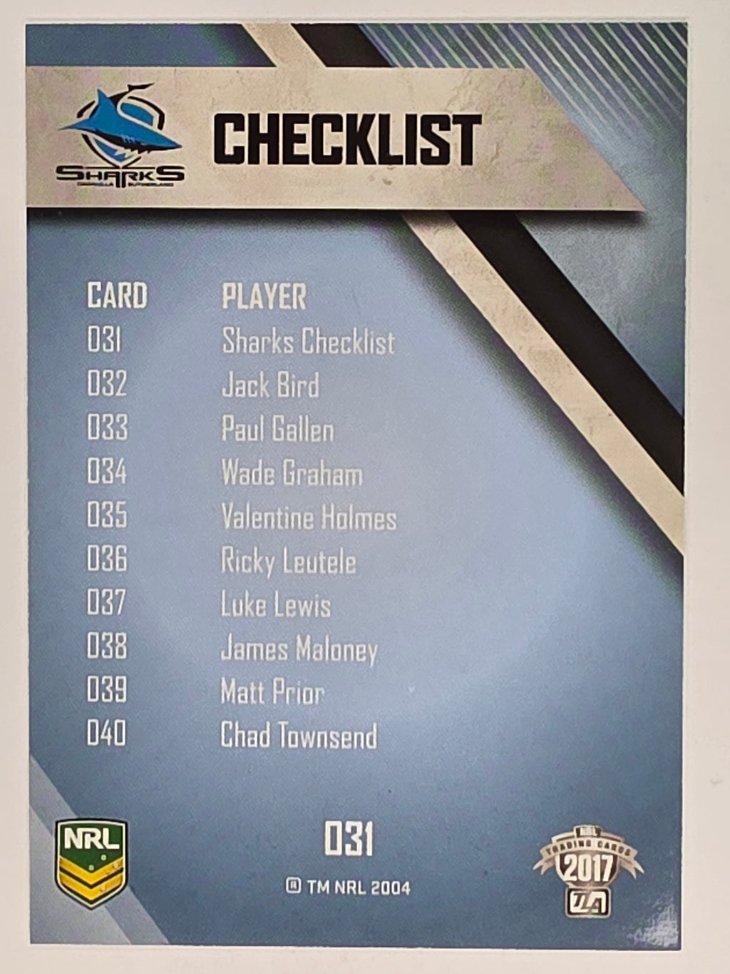 NRL 2017 Traders | Base Card #031 | Sharks Checklist | Cronulla-Sutherland Sharks
