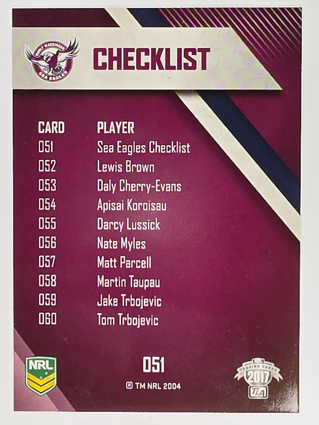 NRL 2017 Traders | Base Card #051 | Sea Eagles Checklist | Manly Warringah Sea Eagles