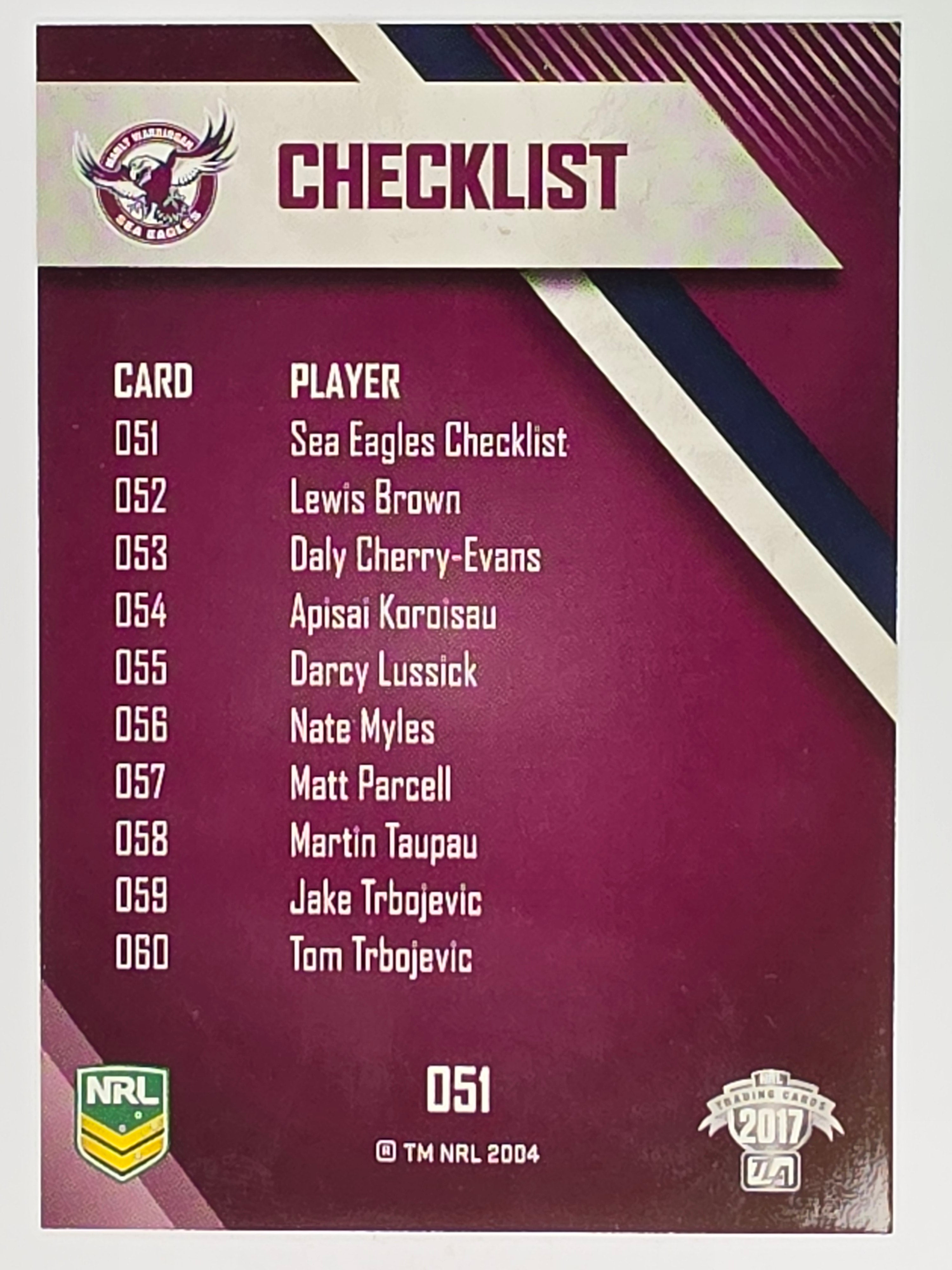 NRL 2017 Traders | Base Card #051 | Sea Eagles Checklist | Manly Warringah Sea Eagles