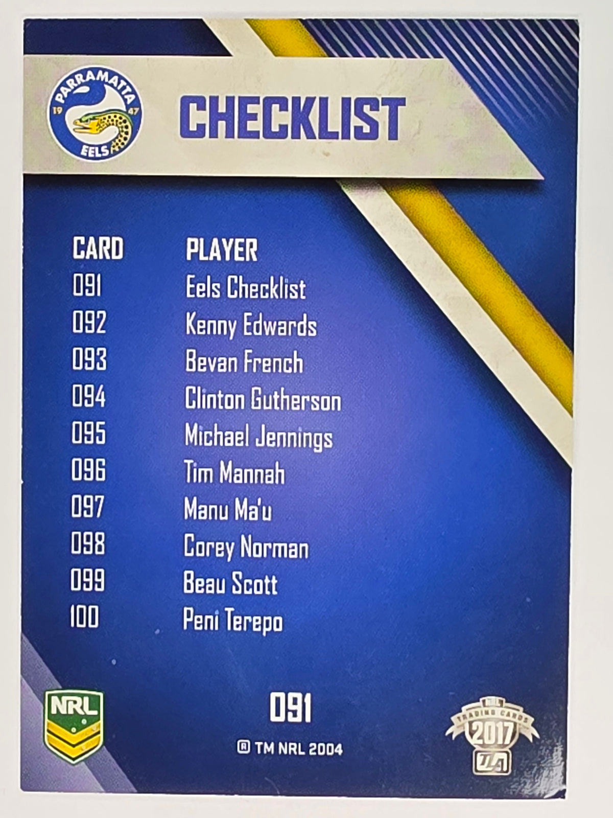 NRL 2017 Traders | Base Card #091 | Eels Checklist | Parramatta Eels