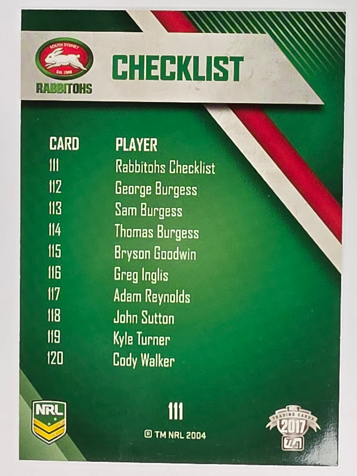 NRL 2017 Traders | Base Card #111 | Rabbitohs Checklist | South Sydney Rabbitohs