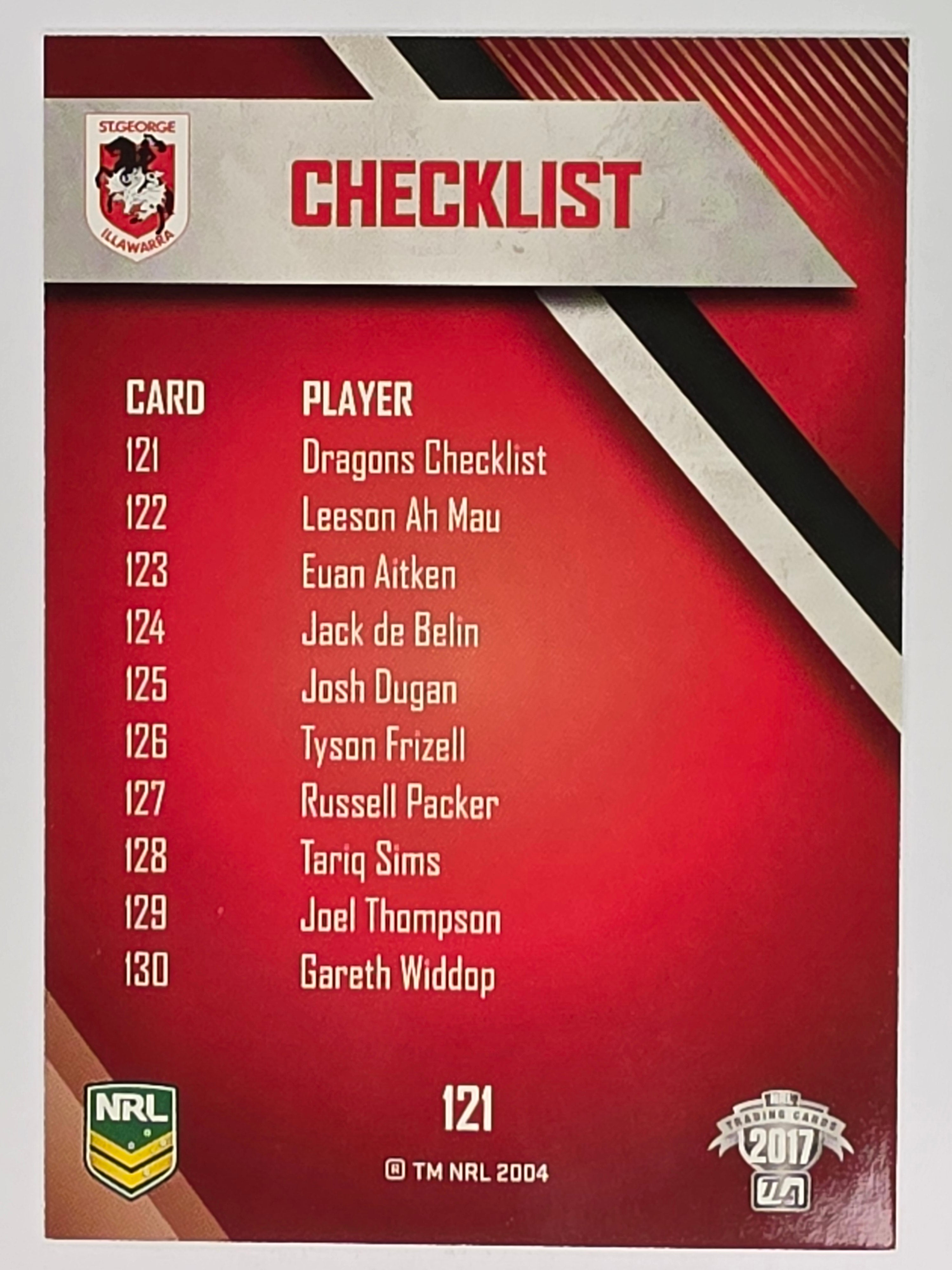 NRL 2017 Traders | Base Card #121 | Dragons Checklist | St. George Illawarra Dragons