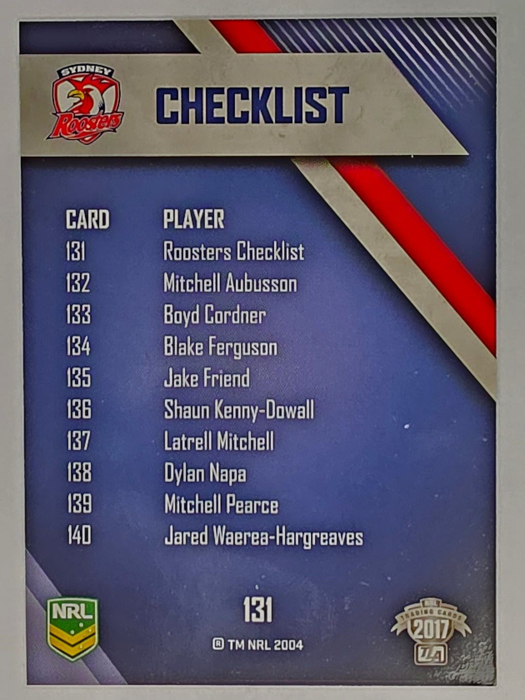 NRL 2017 Traders | Base Card #131 | Roosters Checklist | Sydney Roosters