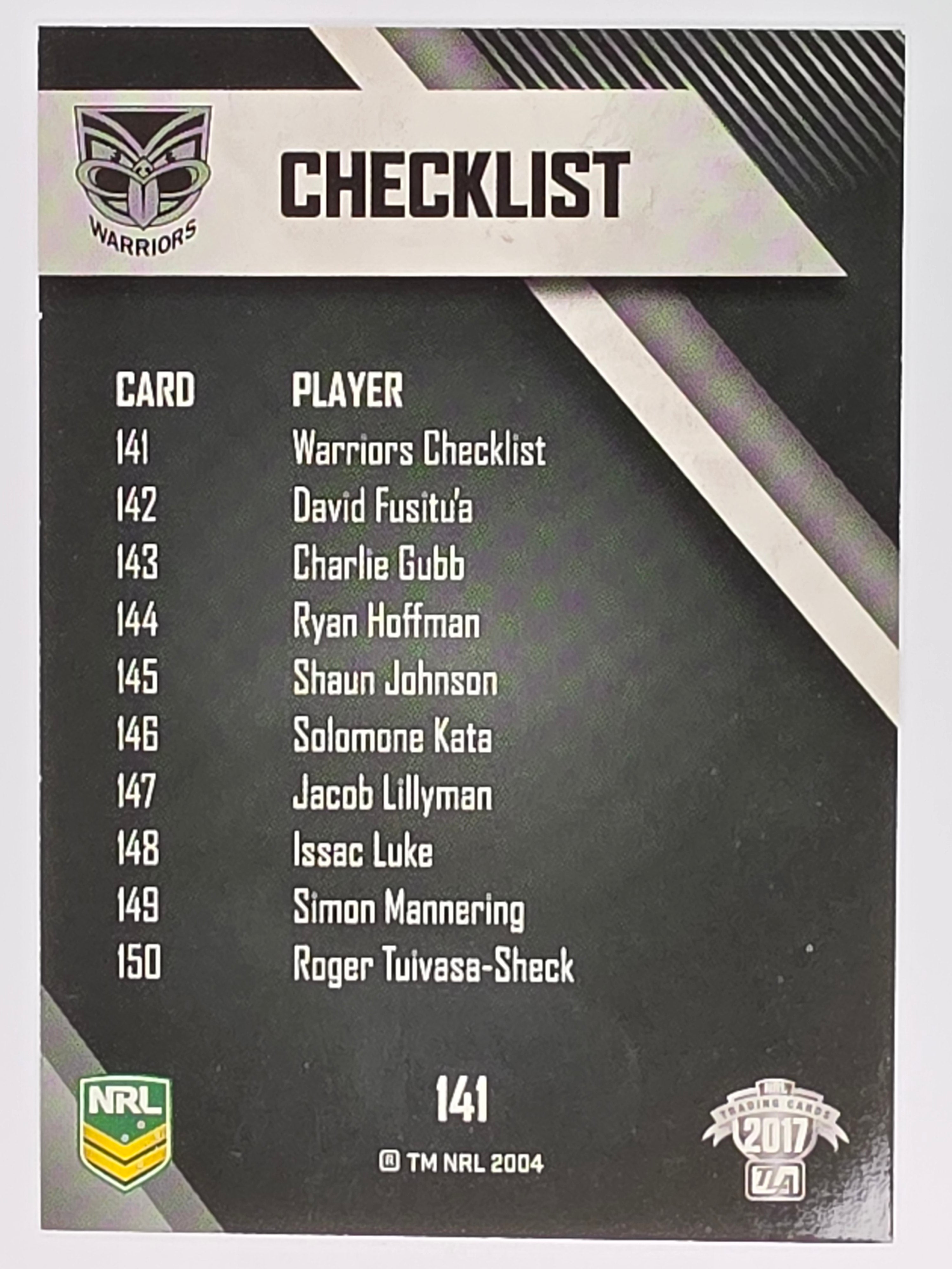NRL 2017 Traders | Base Card #141 | Warriors Checklist | New Zealand Warriors
