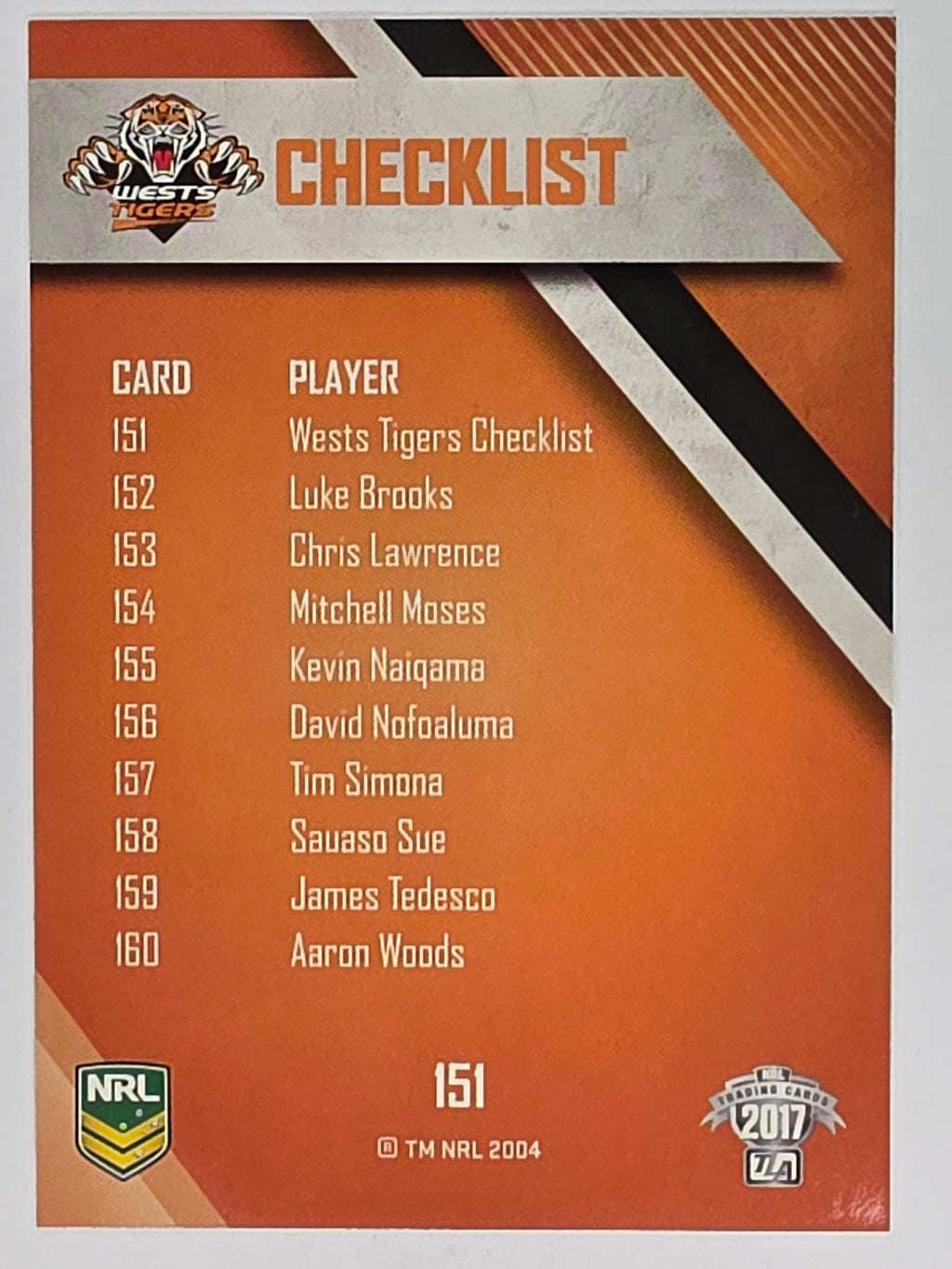 NRL 2017 Traders | Base Card #151 | Wests Tigers Checklist | Wests Tigers