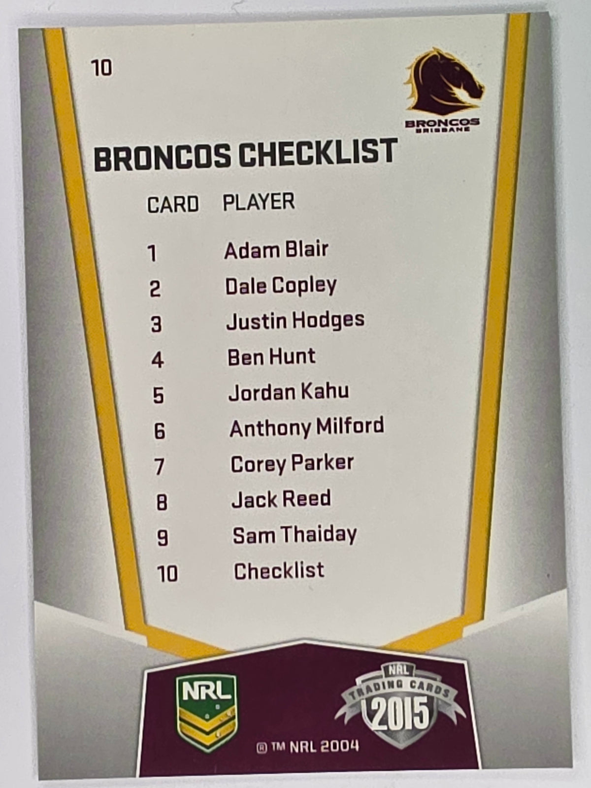 NRL 2015 Elite | Base Card #010 | Brisbane Broncos Checklist
