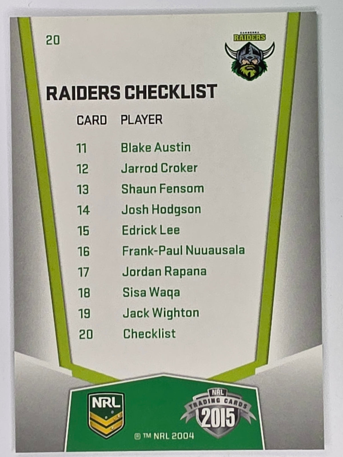 NRL 2015 Elite | Base Card #020 | Canberra Raiders Checklist