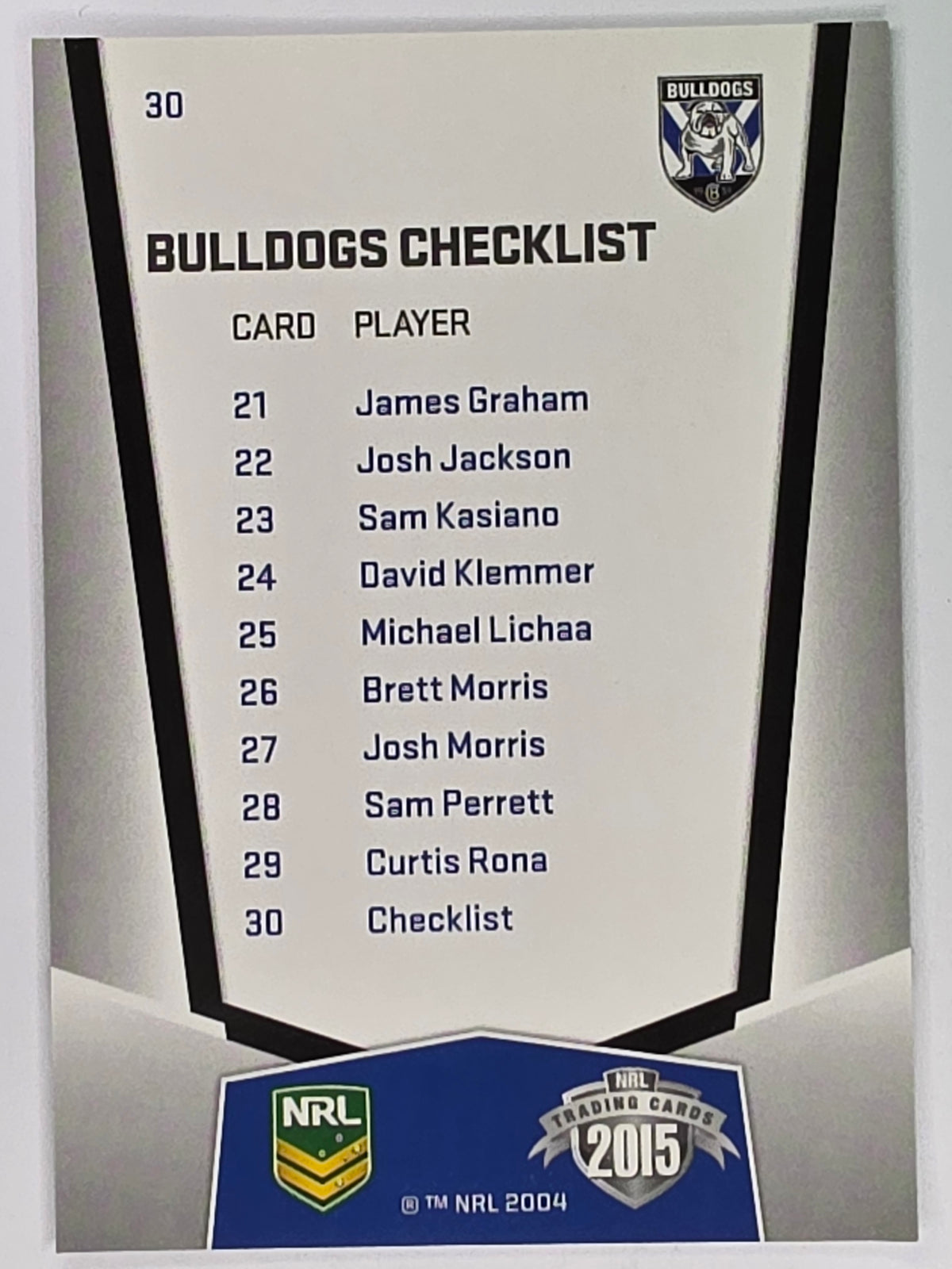 NRL 2015 Elite | Base Card #030 | Canterbury Bankstown Bulldogs Checklist