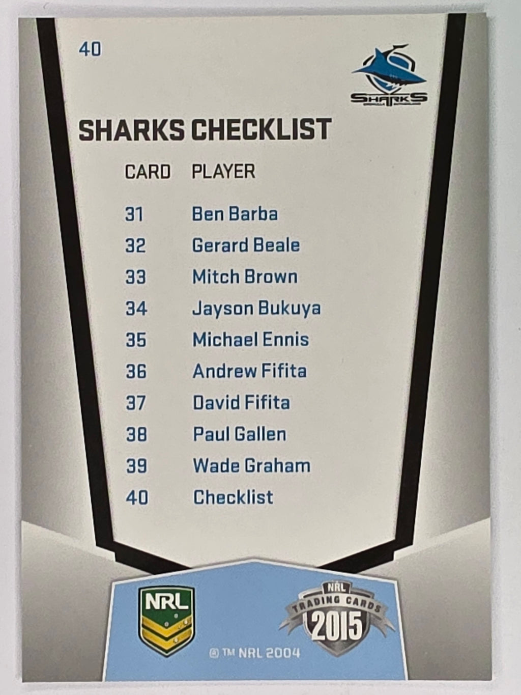 NRL 2015 Elite | Base Card #040 | Cronulla Sutherland Sharks Checklist