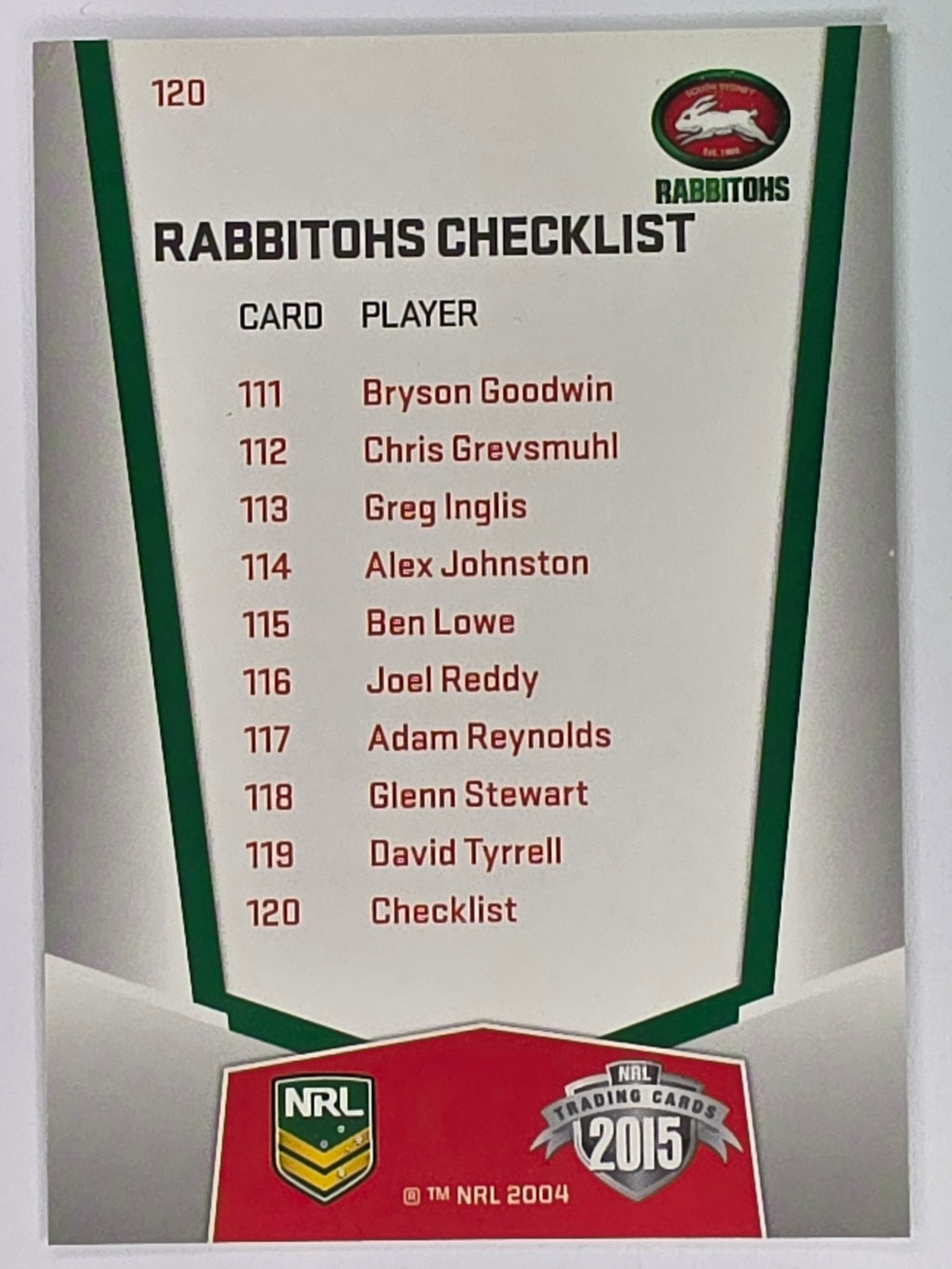 NRL 2015 Elite | Base Card #120 | South Sydney Rabbitohs Checklist