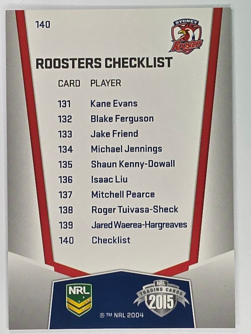 NRL 2015 Elite | Base Card #140 | Sydney Roosters Checklist