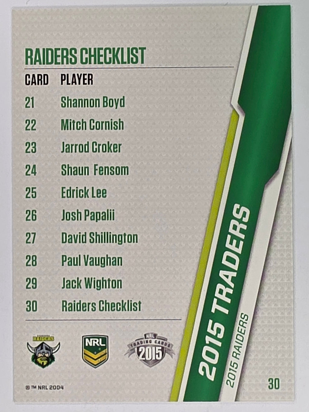 NRL 2015 Traders | Base Card #030 | Canberra Raiders Checklist