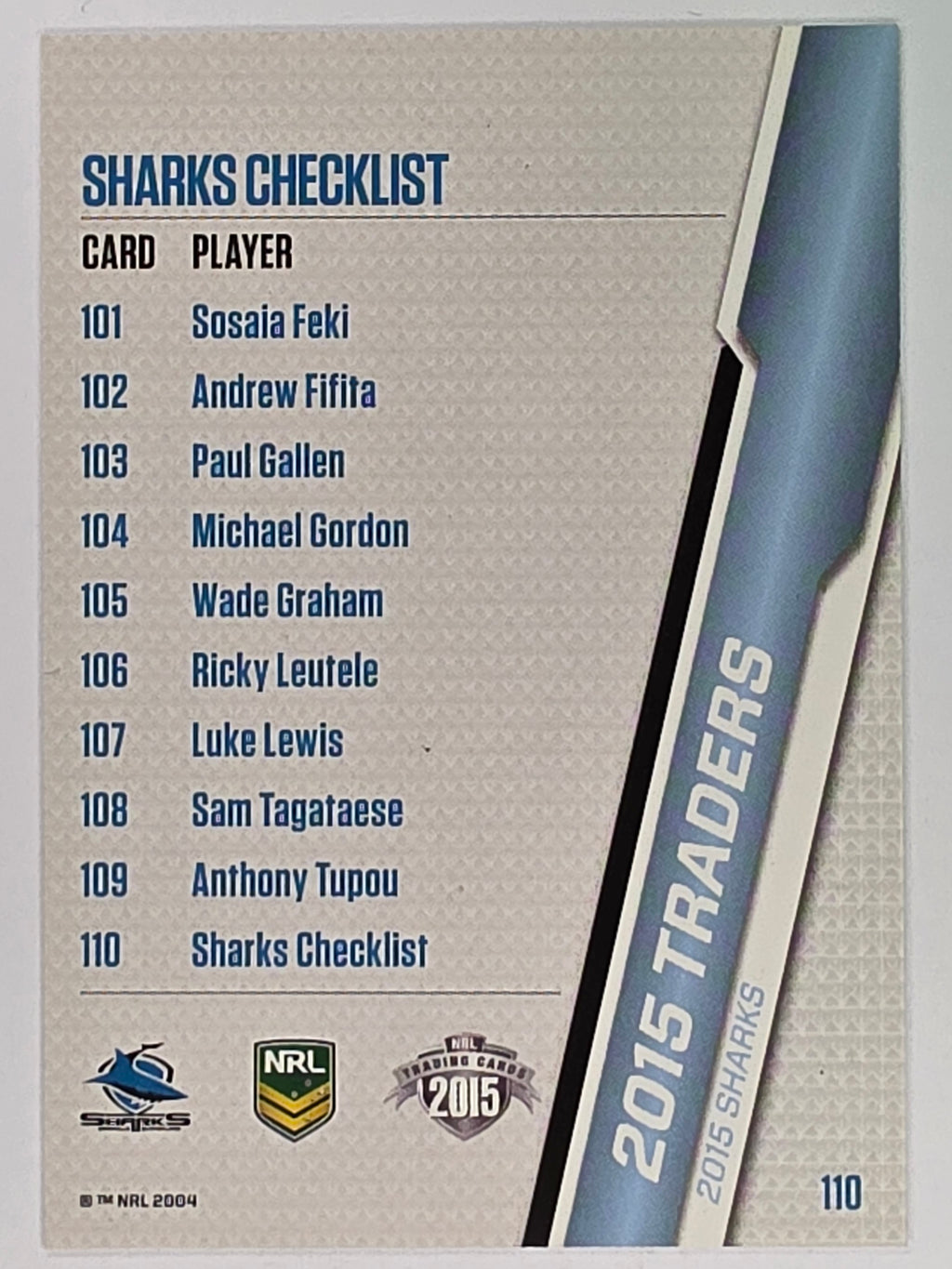 NRL 2015 Traders | Base Card #110 | Cronulla Sharks Checklist