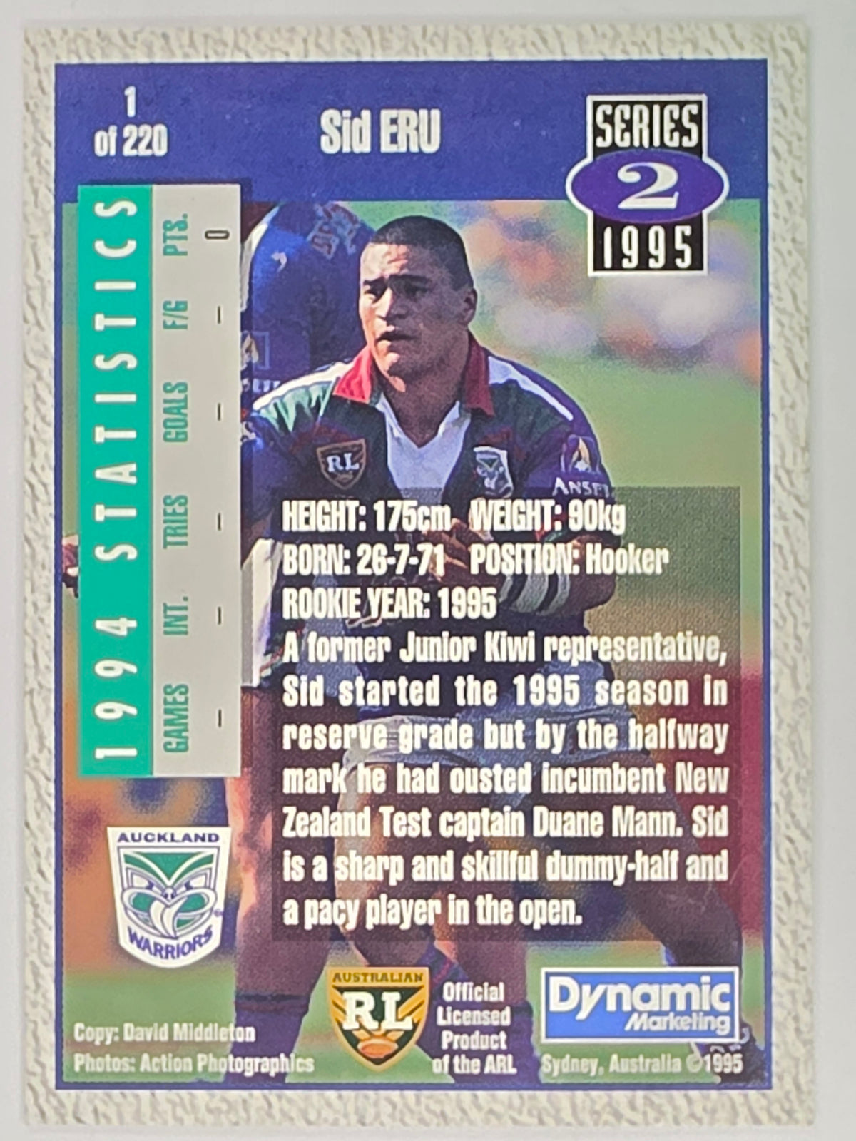 NRL 1995 Dynamic Series 2 | Base Card #001 | Sid Eru | Auckland Warriors