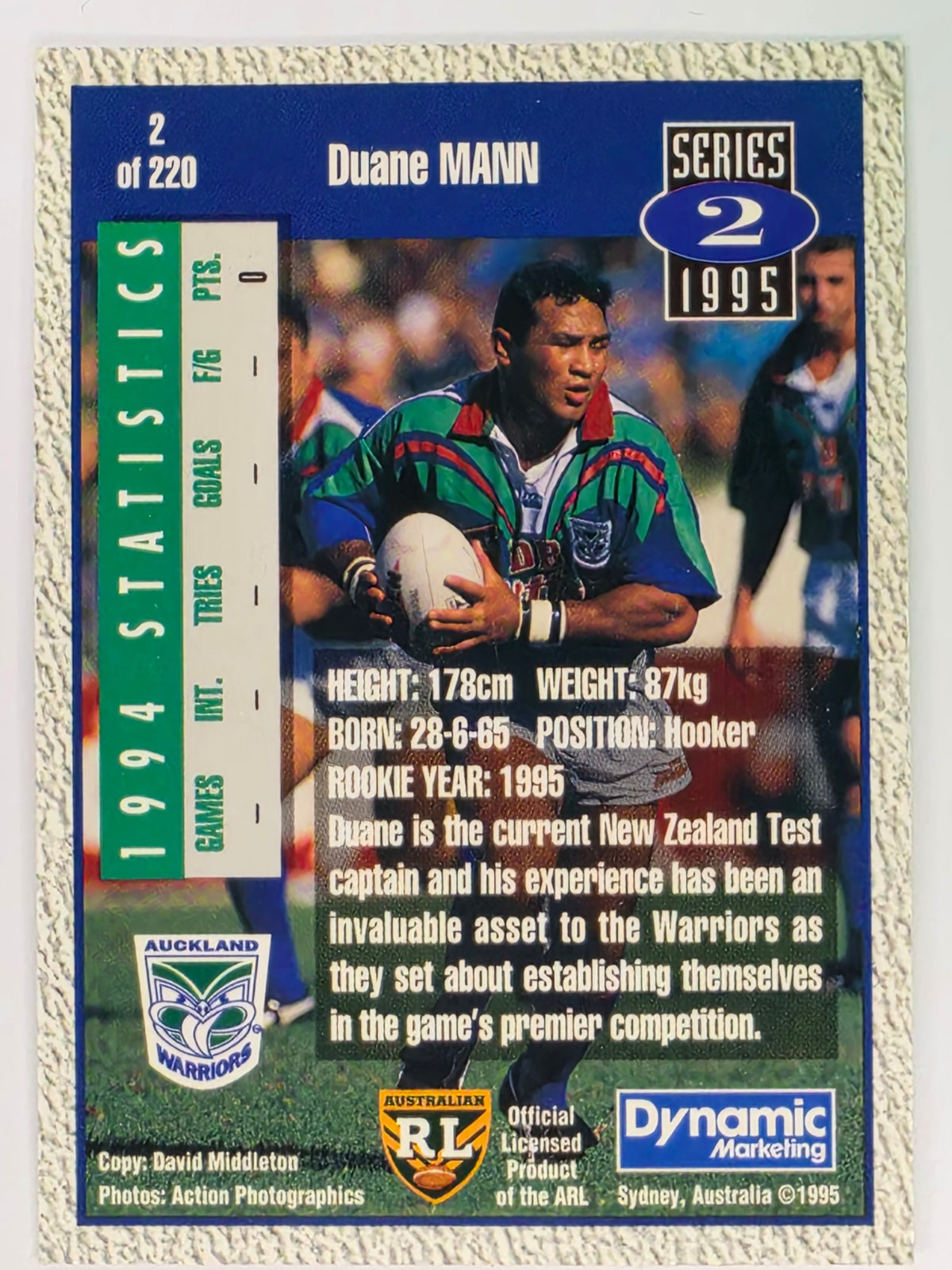 NRL 1995 Dynamic Series 2 | Base Card #002 | Duane Mann | Auckland Warriors