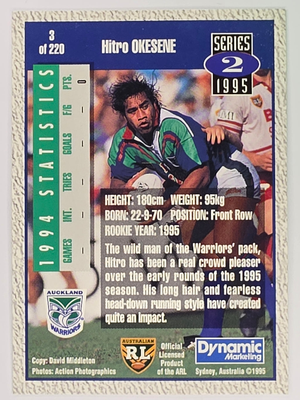 NRL 1995 Dynamic Series 2 | Base Card #003 | Hitro Okesene | Auckland Warriors