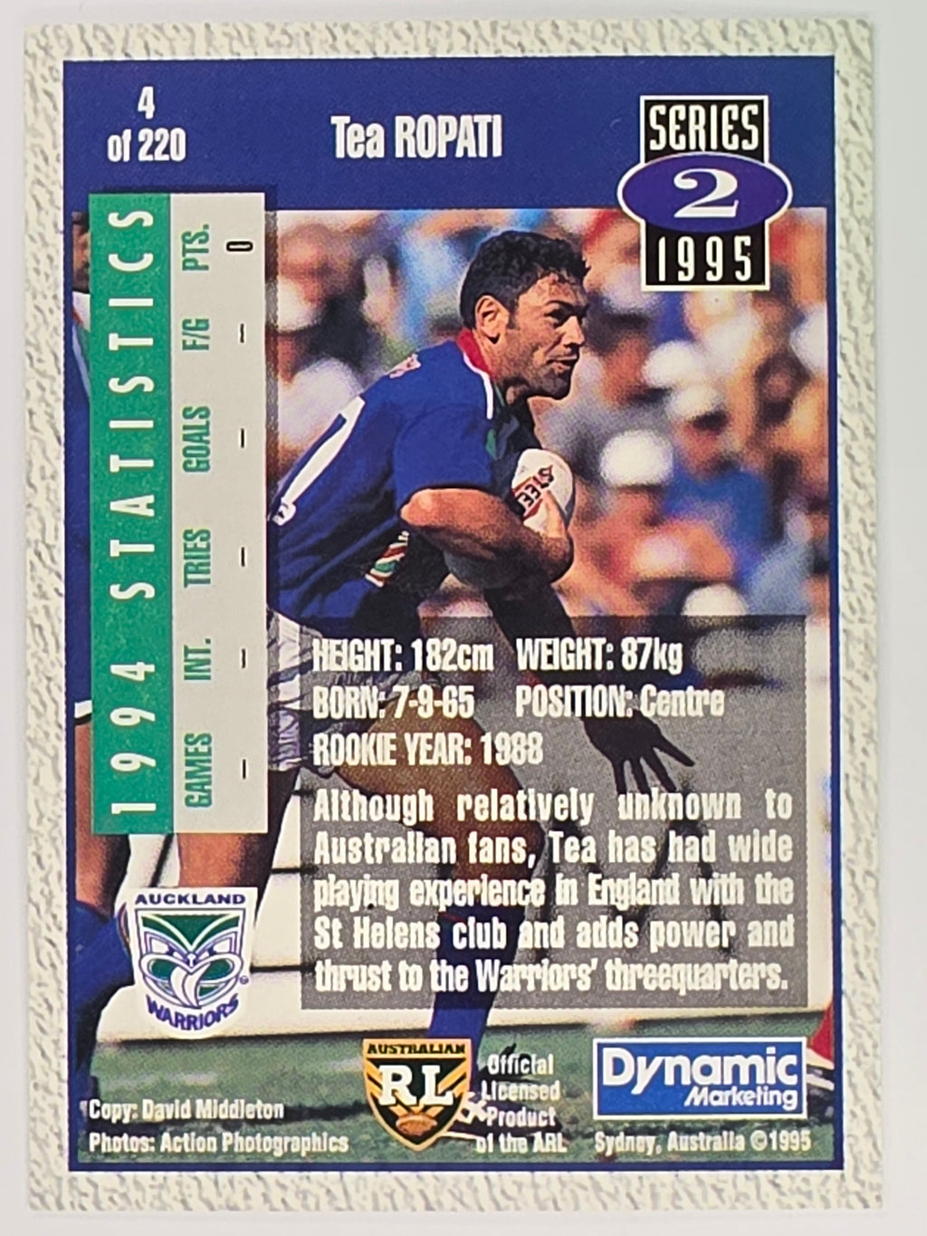 NRL 1995 Dynamic Series 2 | Base Card #004 | Tea Ropati | Auckland Warriors