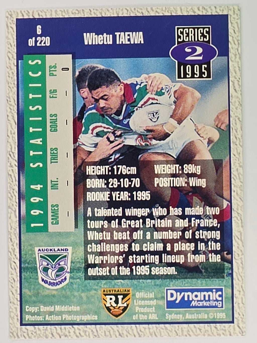 NRL 1995 Dynamic Series 2 | Base Card #006 | Whetu Taewa | Auckland Warriors