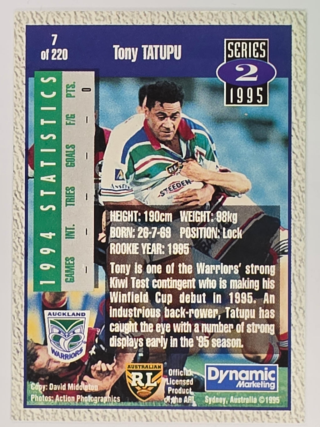 NRL 1995 Dynamic Series 2 | Base Card #007 | Tony Tatupu | Auckland Warriors